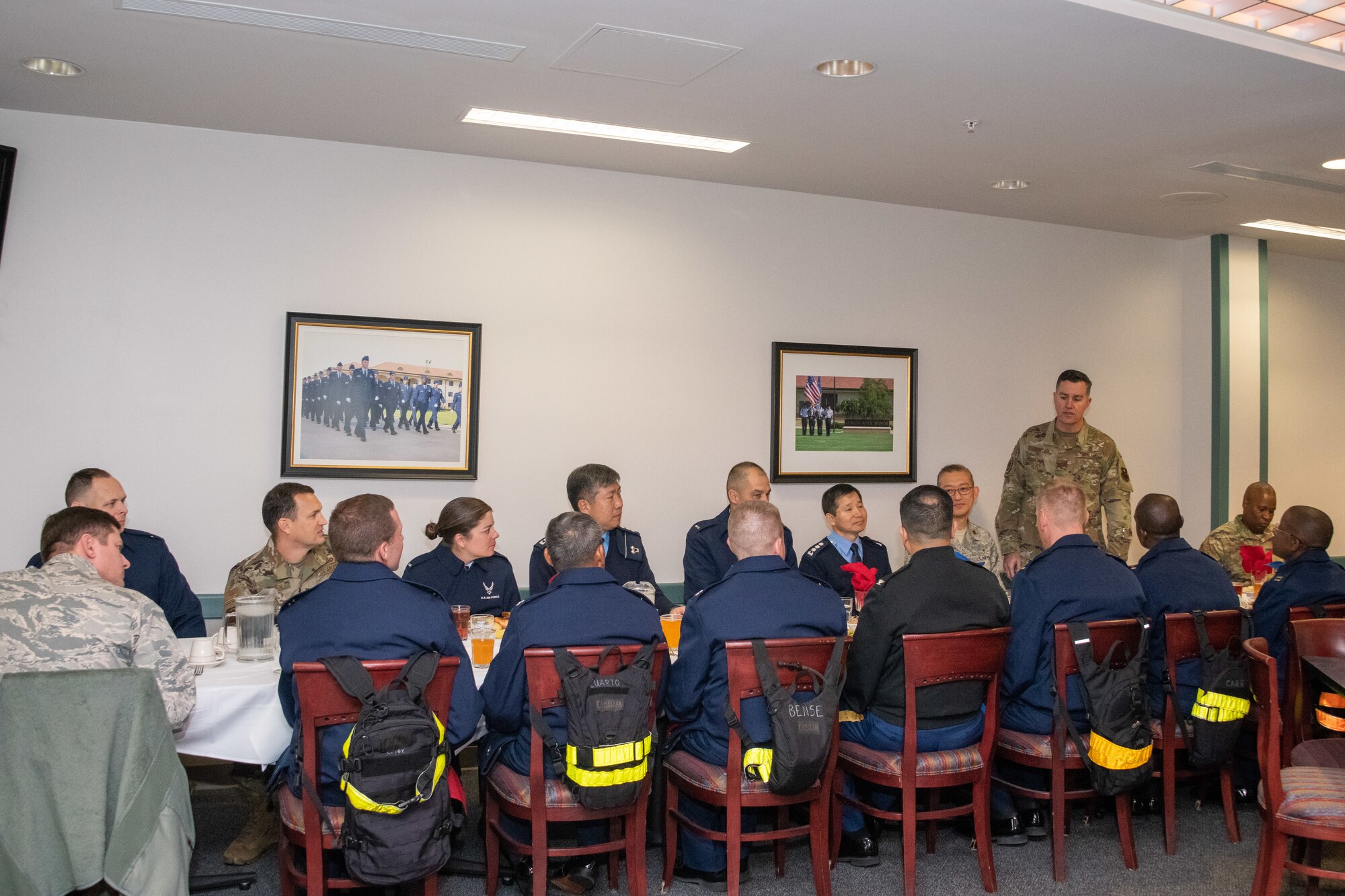 Chaplain, Col. Michael Newton, Air Force Chaplain Corps Chief of Chaplains commandant, addresses Officer Training School students and Chaplain, Col. Kwang-Nam Na, Republic of Korea Air Force Chief of Chaplains, during Na’s visit to Air University Nov. 13-15, 2019, at Maxwell, Air Force Base, Alabama. Newton reinforced the Air Force Chief of Chaplain’s strategic intent by highlighting the schoolhouse’s role in training and educating Chaplain Corps personnel.