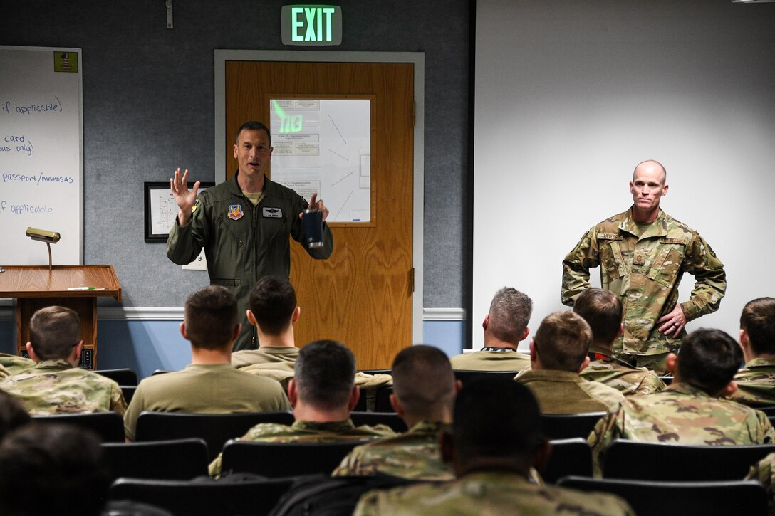 388th Fighter Wing Vice Commander Col. Michael Ebner speaks to deployiong Airmen at Hill Air Force Base, Utah on Nov. 14, 2019. The 34th Fighter Squadron departed Hill for Al Dhafra Air Base, United Arab Emirates, to support the United States Air Force Central Command mission in the MIddle East. The group of deploying Airmen was made up of pilots from the active duty 34th Fighter Squadron and Reserve 466th Fighter Squadron, as well as active duty and Reserve Airmen in the 34th Aircraft Maintenance Unit, and personnel in other support functions. (U.S. Air Force photo by R. Nial Bradshaw)