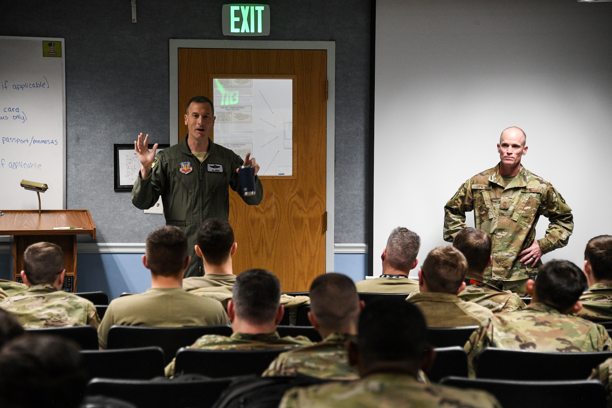 388th Fighter Wing Vice Commander Col. Michael Ebner speaks to deployiong Airmen at Hill Air Force Base, Utah on Nov. 14, 2019. The 34th Fighter Squadron departed Hill for Al Dhafra Air Base, United Arab Emirates, to support the United States Air Force Central Command mission in the MIddle East. The group of deploying Airmen was made up of pilots from the active duty 34th Fighter Squadron and Reserve 466th Fighter Squadron, as well as active duty and Reserve Airmen in the 34th Aircraft Maintenance Unit, and personnel in other support functions. (U.S. Air Force photo by R. Nial Bradshaw)