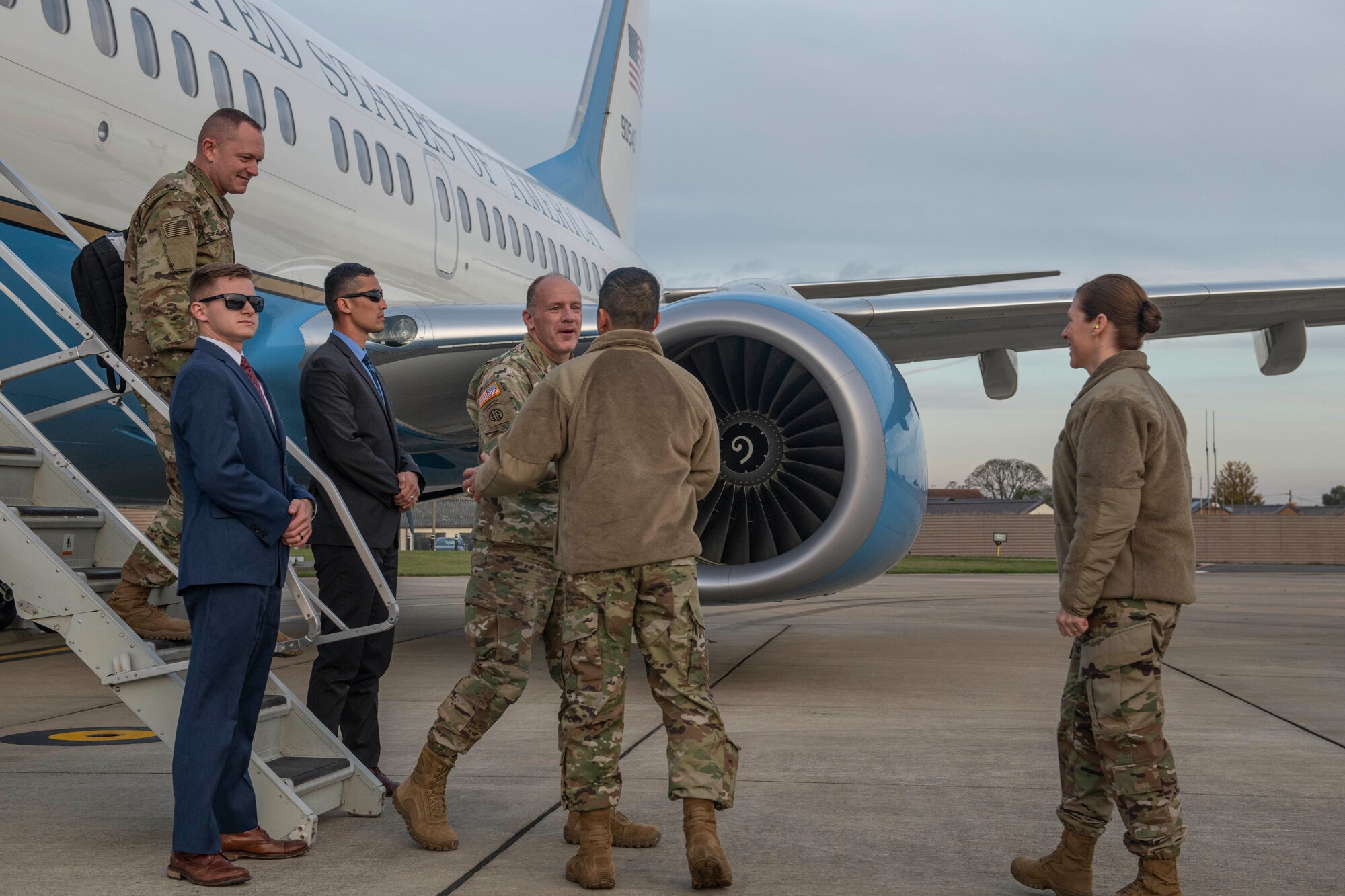 U.S. Army Gen. Stephen Lyons, U.S. Transportation Command commander, is greeted by U.S. Air Force Col. Troy Pananon, 100th Air Refueling Wing commander, at RAF Mildenhall England, Nov. 19, 2019. The 100th ARW directly supports two global combatant commands and is on-call to support three additional commands, including USTRANSCOM. (U.S. Air Force photo by Senior Airman Luke Milano)