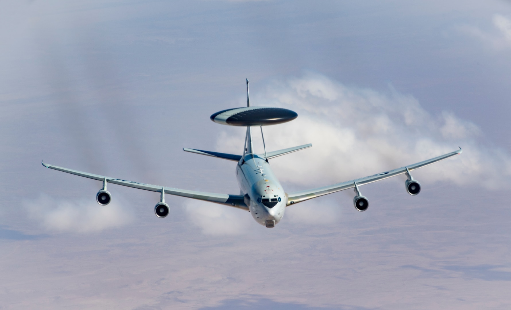 A U.S. Air Force E-3 Sentry flies toward a KC-135 Stratotanker for refueling Feb. 28, 2019, while flying in support of Operation Inherent Resolve. The E-3 Sentry is an airborne warning and control system, or AWACS, aircraft with an integrated command and control battle management, or C2BM, surveillance, target detection, and tracking platform.  The aircraft provides an accurate, real-time picture of the battlespace to the Joint Air Operations Center. (U.S. Air Force photo/Staff Sgt. Clayton Cupit)