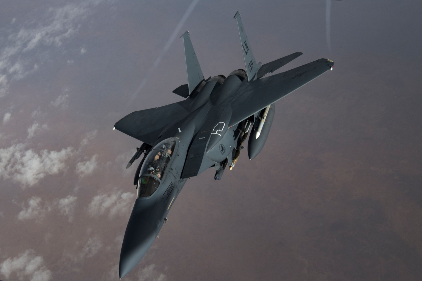 A U.S. Air Force F-15 Strike Eagle flies over northern Iraq, Nov. 6, 2019. U.S. Air Forces Central Command operations deter adversaries and demonstrate support for allies and partners in the region. (U.S. Air Force photo by Staff Sgt. Daniel Snider)