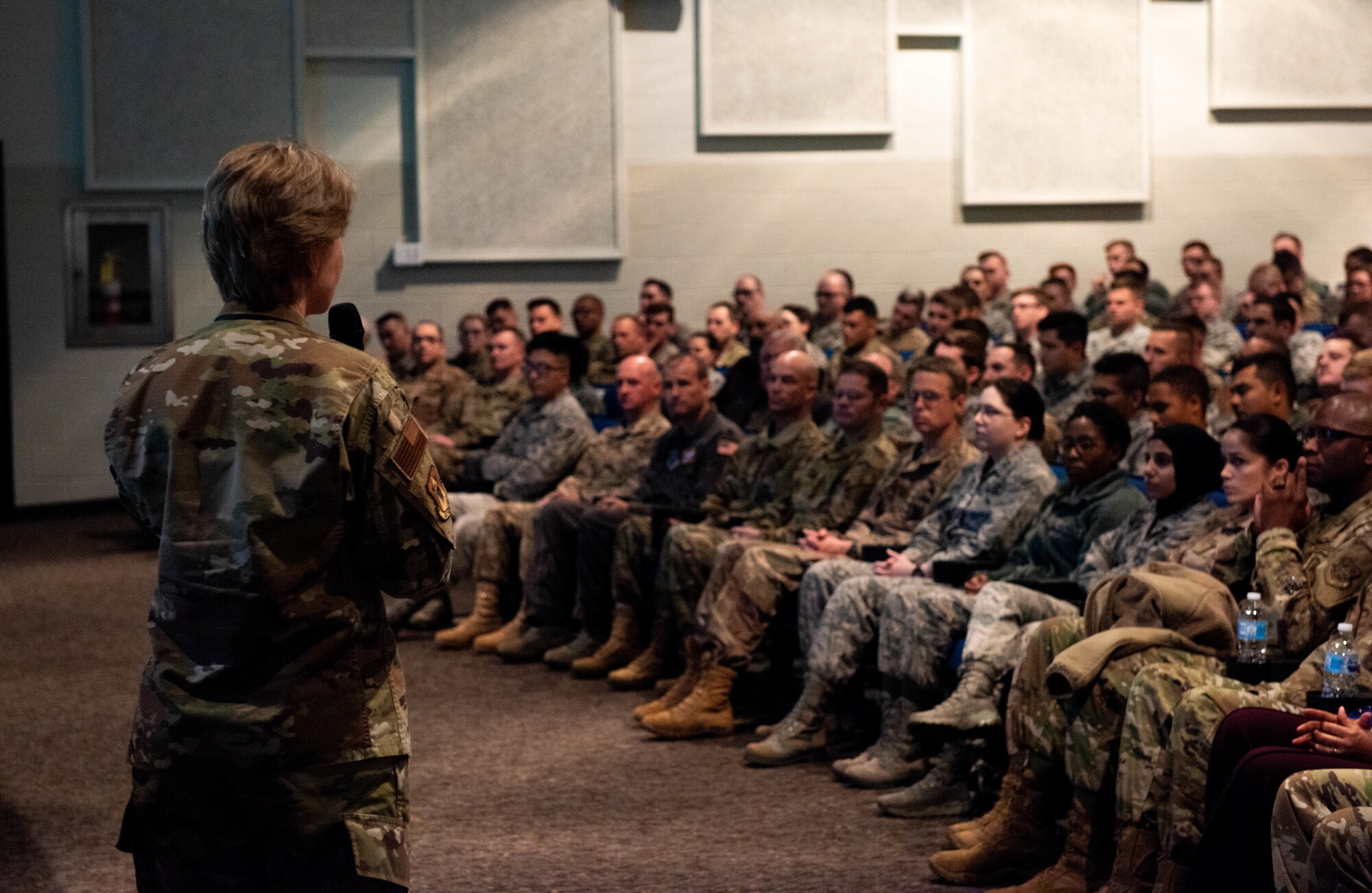 Gen. Maryanne Miller, Air Mobility Command commander speaks to the 375th Air Mobility Wing during an all call at Scott Air Force Base, Ill., Nov. 18, 2019.