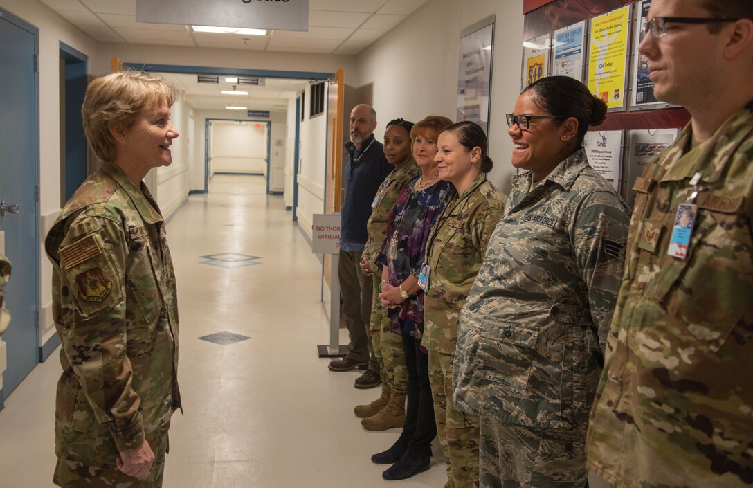 Gen. Maryanne Miller, Air Mobility Command commander speaks to the 375th Air Mobility Wing during an all call at Scott Air Force Base, Ill., Nov. 18, 2019.