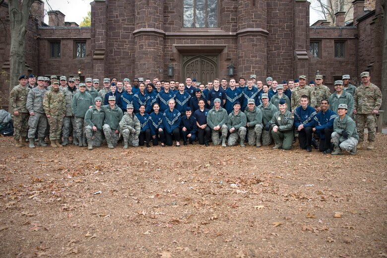 Air Force ROTC cadets assigned to Detachment 009 at Yale University, pose for a group photo with active Air Force Officers outside of Yale’s Linsly-Chittenden Hall November 14, 2019. A panel discussion, led by the officers, was held to meet ROTC training objectives, which require cadets to gain exposure to the operational Air Force environment by interacting with active Air Force members. (U.S. Air National Guard photo by Tech. Sgt. Tamara R. Dabney)