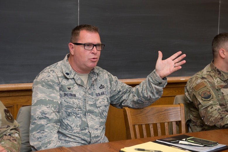 Lt. Col. Glenn Sherman, Commander of the 103rd Air Control Squadron, speaks to cadets assigned to Air Force ROTC Detachment 009 at Yale University, during a panel discussion, November 14, 2019. The discussion was held to meet ROTC training objectives, which require cadets to gain exposure to the operational Air Force environment by interacting with active Air Force members. (U.S. Air National Guard photo by Tech. Sgt. Tamara R. Dabney)