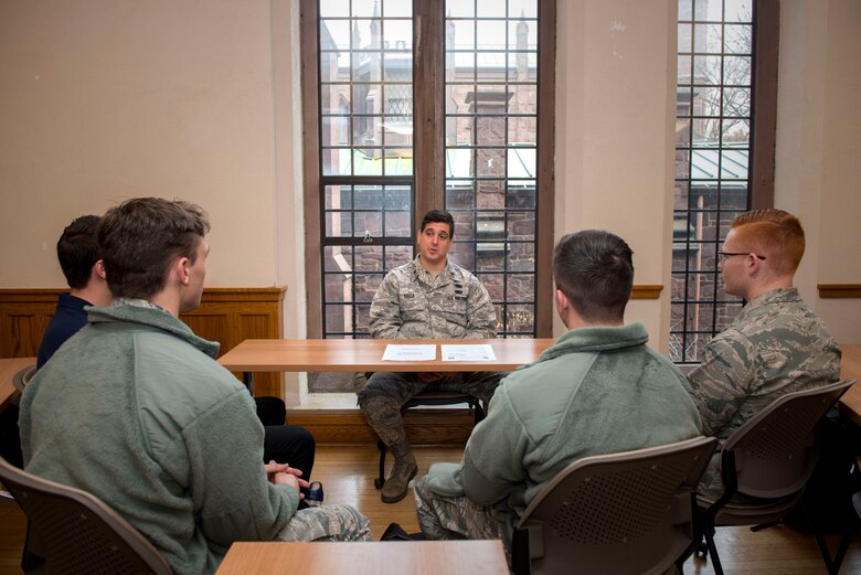 Maj. Vincenzo Gallo of the 103rd Airlift Wing, Connecticut Air National Guard, speaks to cadets assigned to Air Force ROTC Detachment 009 at Yale University, during a panel discussion, November 14, 2019. The discussion was held to meet ROTC training objectives, which require cadets to gain exposure to the operational Air Force environment by interacting with active Air Force members. (U.S. Air National Guard photo by Tech. Sgt. Tamara R. Dabney)