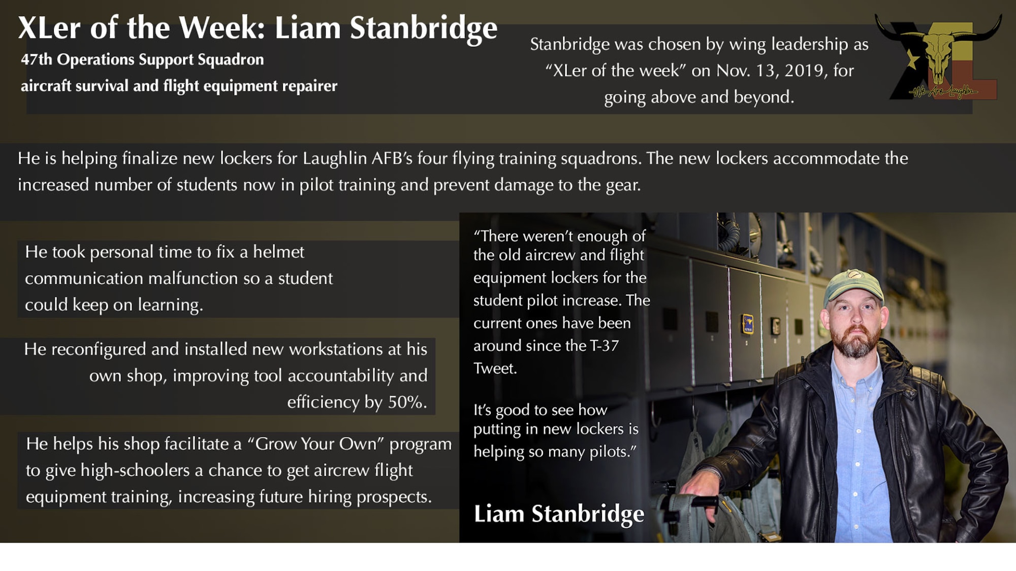 Liam Stanbridge, 47th Operations Support Squadron aircraft survival and flight equipment repairer, was chosen by wing leadership to be the “XLer” of the week, for the week of Nov. 13, 2019, at Laughlin Air Force Base, Texas. The “XLer” award, presented by Col. Lee Gentile, 47th Flying Training Wing commander, and Chief Master Sgt. Brian Lewis, 47th Operations Group superintendent, is given to those who consistently make outstanding contributions to their unit and the Laughlin mission. (U.S. Air Force photo by Senior Airman Anne McCready)