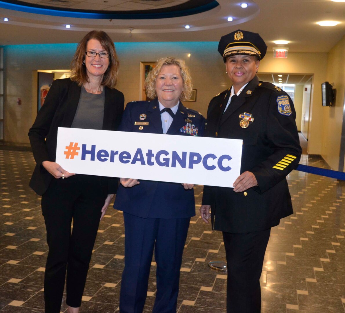 FBI Special Agent Cerena Coughlin, left, DLA Troop Support Project Manager Air Force Reserve Lt. Col. Susan McMullen, center and City of Philadelphia Police Department Deputy Commissioner Robin Wimberly, right, pose for a photo after the Greater Northeast Philadelphia Chamber of Commerce annual Women in Industry Day event Nov. 20, 2019 at Holy Family University in Philadelphia. The Women in Industry Day event aims to “broaden the conversation” and expose women to various career opportunities. The ladies served as the panelists during the “women in male-dominated industries” discussion. (Photo by Alexandria Brimage-Gray)