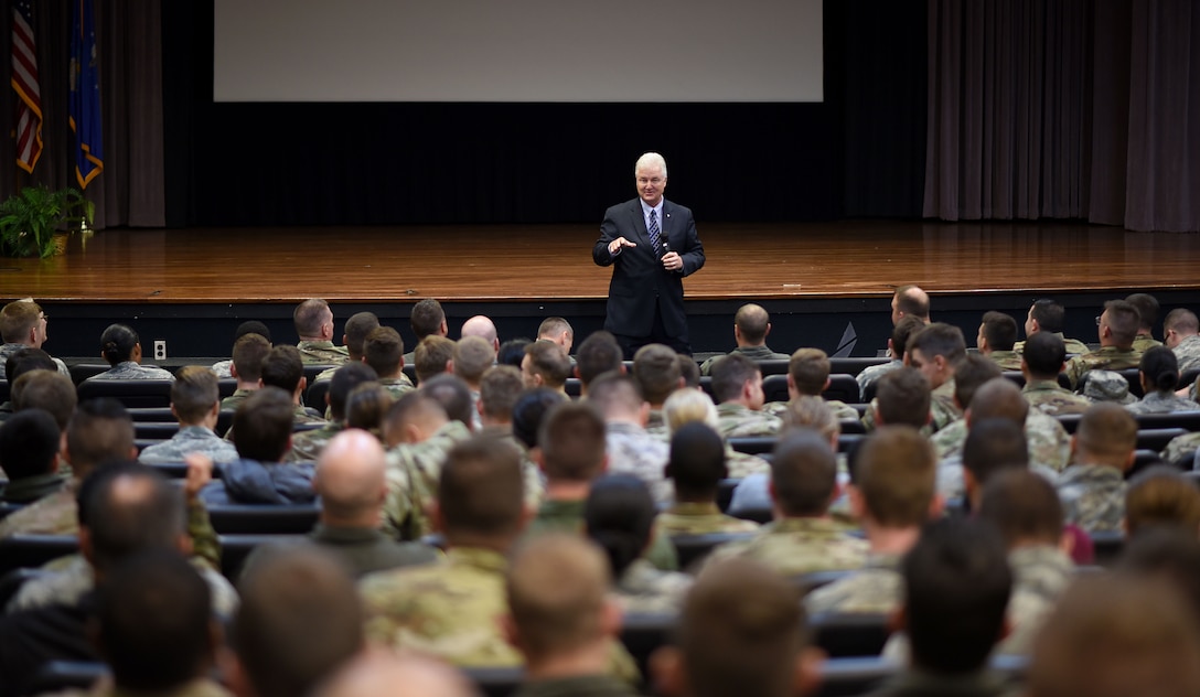 Gerald Murray, the 14th Chief Master Sergeant of the Air Force speaks to members of Team BLAZE during an all call Oct. 25, 2019, at the Kaye Auditorium on Columbus Air Force Base, Miss. (U.S. Air Force photo by Senior Airman Keith Holcomb)