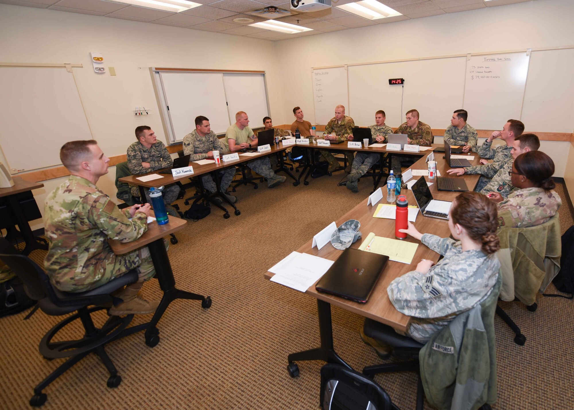 Airmen from the Airman Leadership School, discuss their personal development goals Nov. 19, 2019, at McConnell Air Force Base, Kan. The changes to the ALS curriculum make it more reliant on student research, problem solving and student-led discussions. (U.S. Air Force photo by Airman 1st Class Alexi Bosarge)