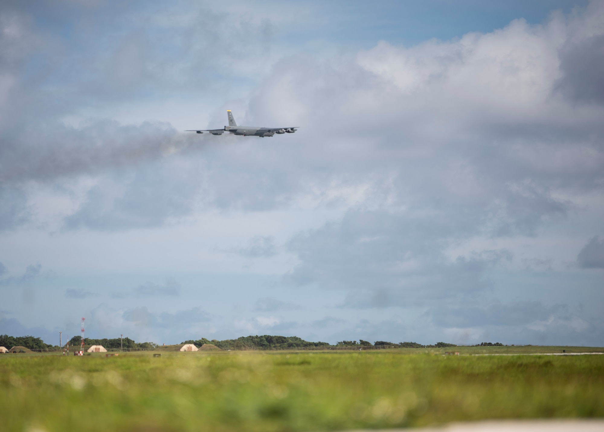 A B-52 Stratofortress from the 69th Expeditionary Bomb Squadron, deployed from Minot Air Force Base, N.D., takes off Nov. 14, 2019, at Andersen Air Force Base, Guam. B-52s have held a vital role in supporting the Continuous Bomber Presence mission in the Indo-Pacific region since 2004. (U.S. Air Force photo by Airman 1st Class Zachary Heal)