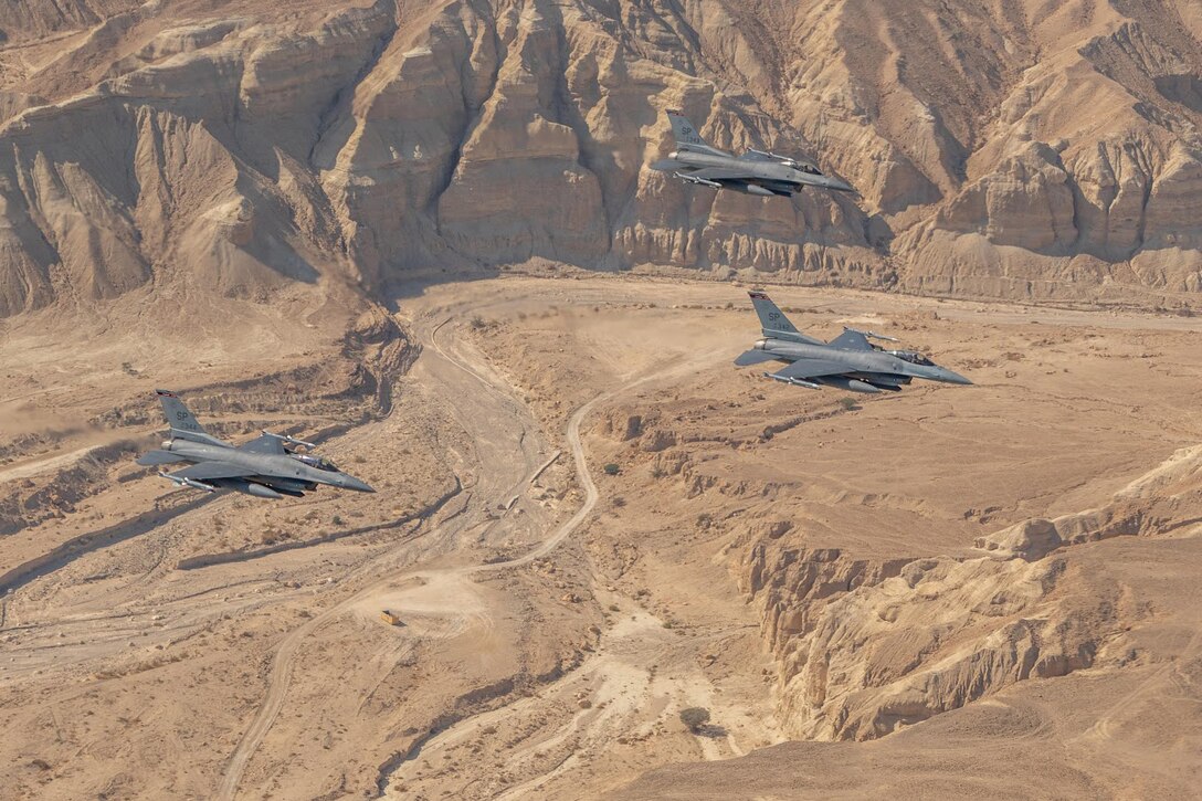 U.S. Air Force F-16 Fighting Falcons assigned to the 480th Expeditionary Fighter Squadron, fly over the desert during exercise Blue Flag 2019 at Uvda Air Base, Israel, November 15, 2019. Blue Flag provided members of the 480th EFS the opportunity to train with other partner nations in an different environment. (U.S. Air Force photo by Airman 1st Class Kyle Cope)