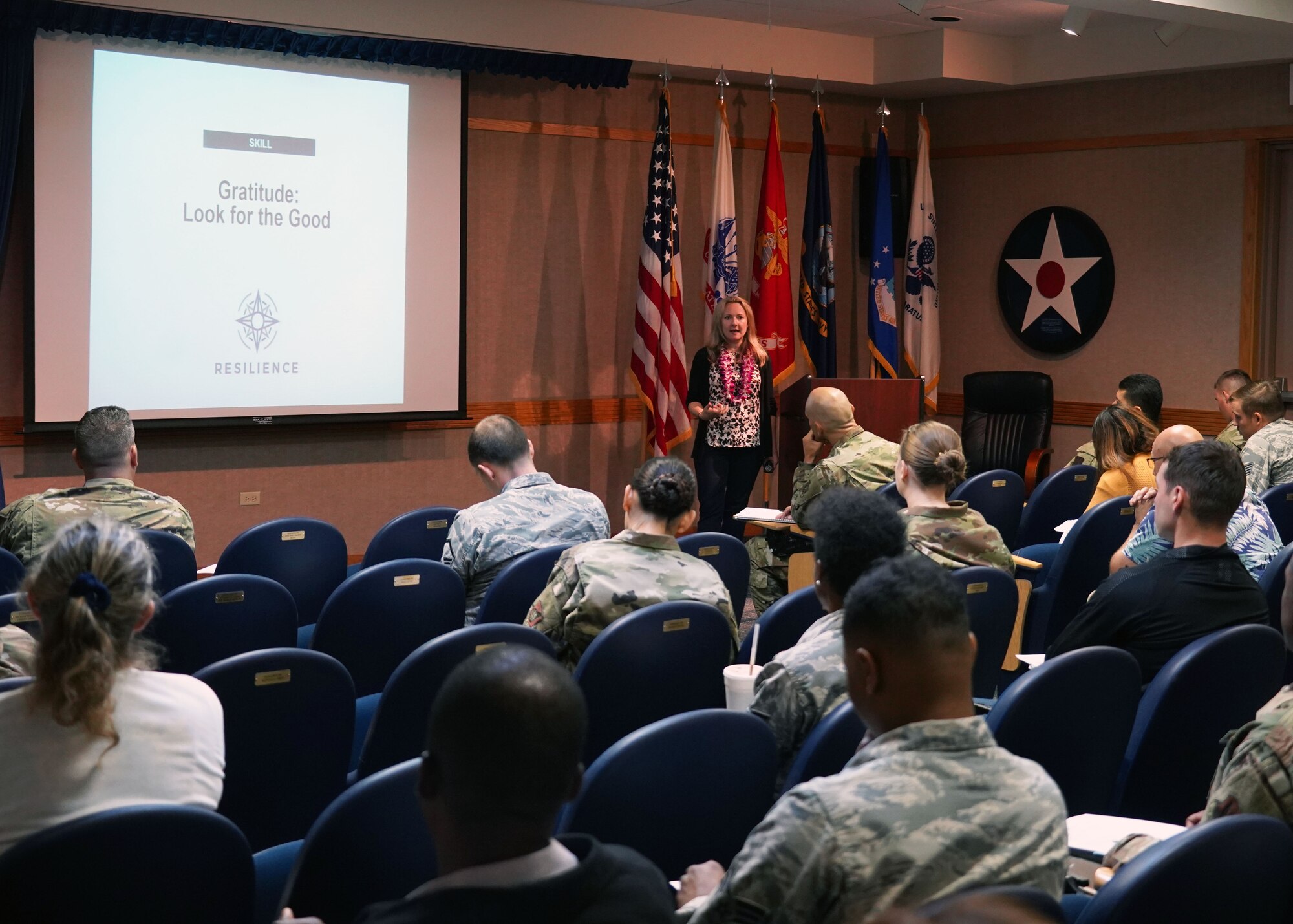 Dr. Jill Antonishak guides a seminar on resilient thinking on Joint Base Pearl Harbor-Hickam, Hawaii, Nov. 19, 2019. She taught three seminars relating to resilience, preventing burnout, and strengthening relationships. (U.S. Air Force photo by Airman 1st Class Erin Baxter)