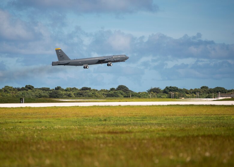 A B-52 Stratofortress from the 69th Expeditionary Bomb Squadron, deployed from Minot Air Force Base, N.D., takes off Nov. 14, 2019, at Andersen Air Force Base, Guam. B-52s have held a vital role in supporting the Continuous Bomber Presence mission in the Indo-Pacific region since 2004. (U.S. Air Force photo by Airman 1st Class Zachary Heal)