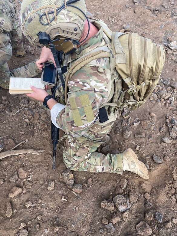 Staff Sgt. Ryan Dillman, 25th Air Support Operations Squadron Tactical Air Control Party, plots updated friendly positions before passing targeting and providing terminal guidance to an armed AH-64 Apache during a Fire Support Coordination Exercise on Pohakuloa Training Area, located on the big island of Hawaii, November 12 through 21, 2019. During the exercise, members of the 25th ASOS and U.S. Army Pacific 2nd Brigade, 25th Infantry Division, 2nd Brigade Combat Team, integrated with B-52 Stratofortress bombers for live-fire training missions in support of Indo-Pacific Command’s Continuous Bomber Presence operations. (Courtesy photo)