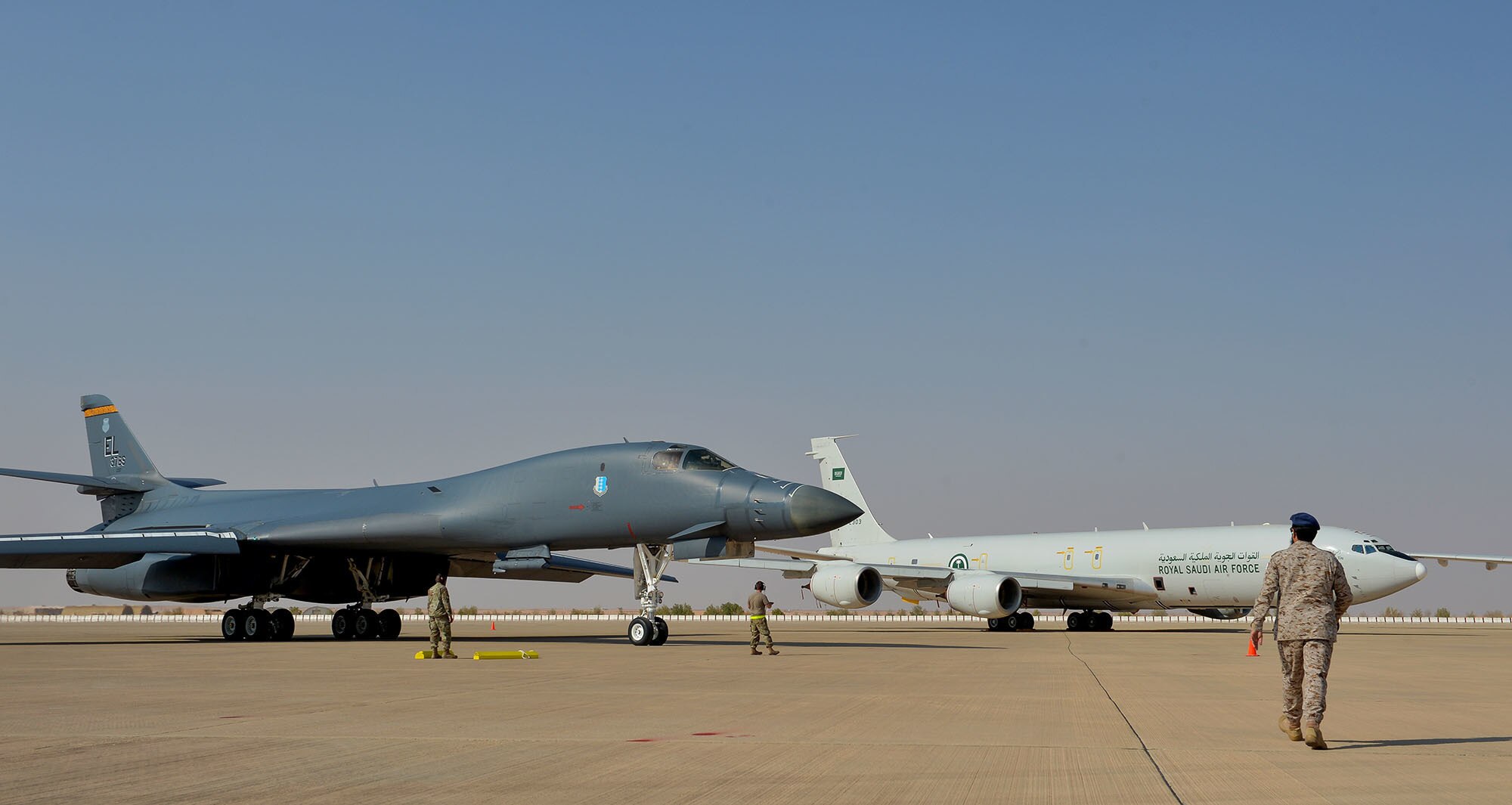 The B1-B Lancer from Ellsworth Air Force Base lands at Prince Sultan Air Base, Kingdom of Saudi Arabia, Oct. 25, 2109.