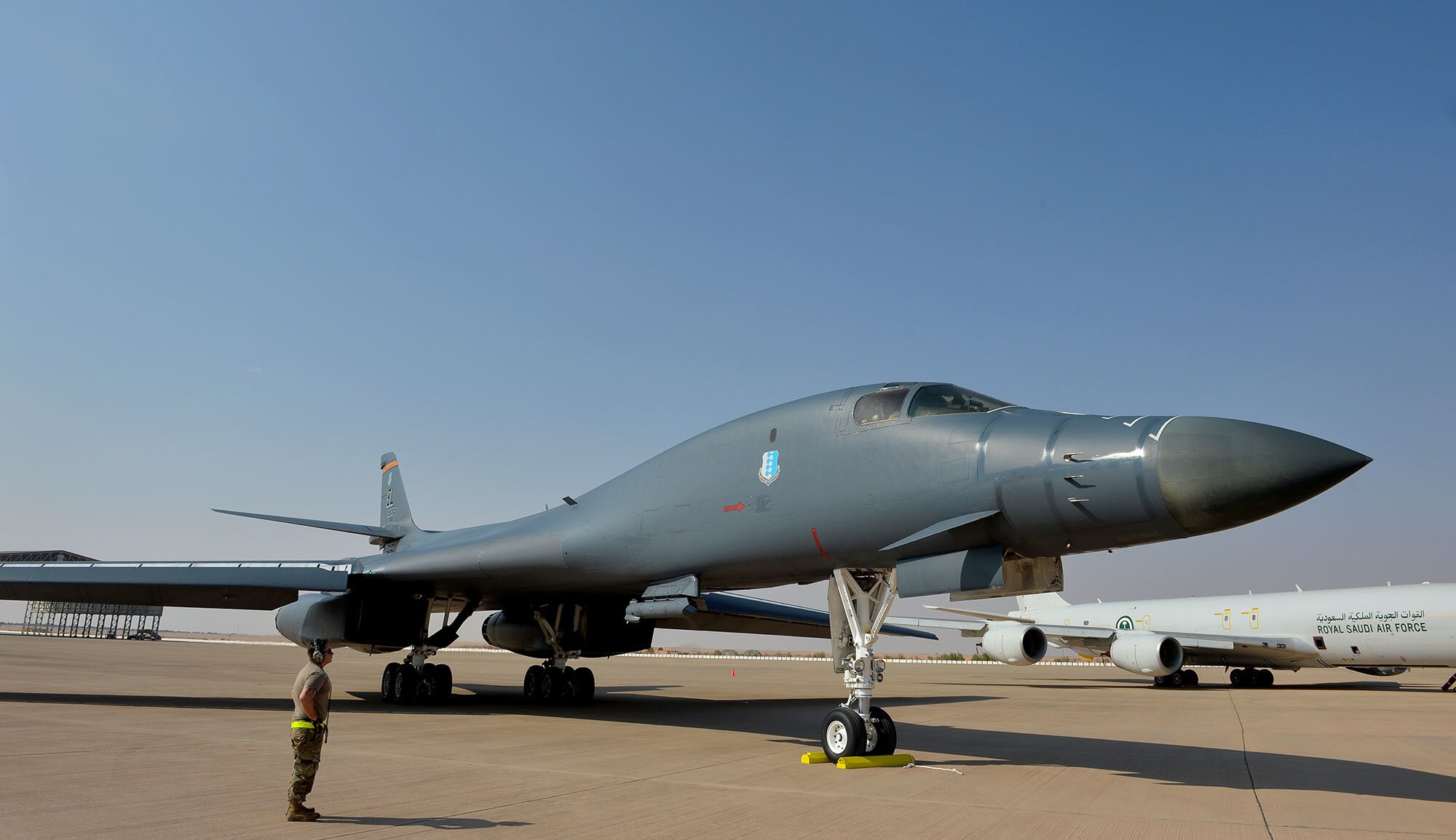 The B1-B Lancer from Ellsworth Air Force Base lands at Prince Sultan Air Base, Kingdom of Saudi Arabia, Oct. 25, 2109.
