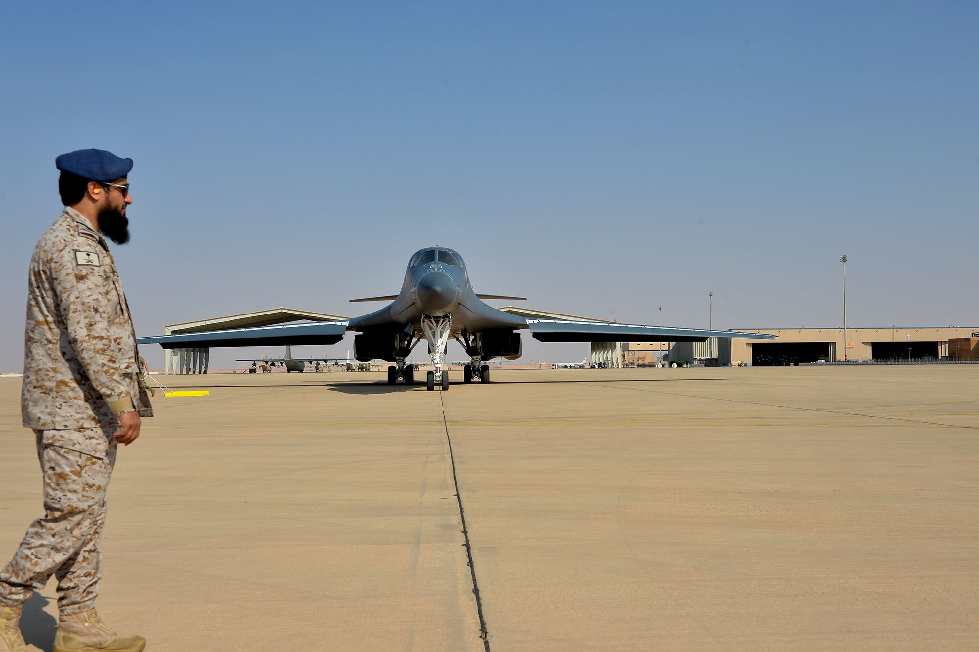 The B1-B Lancer from Ellsworth Air Force Base touches down at Prince Sultan Air Base, Kingdom of Saudi Arabia, Oct. 25, 2109.