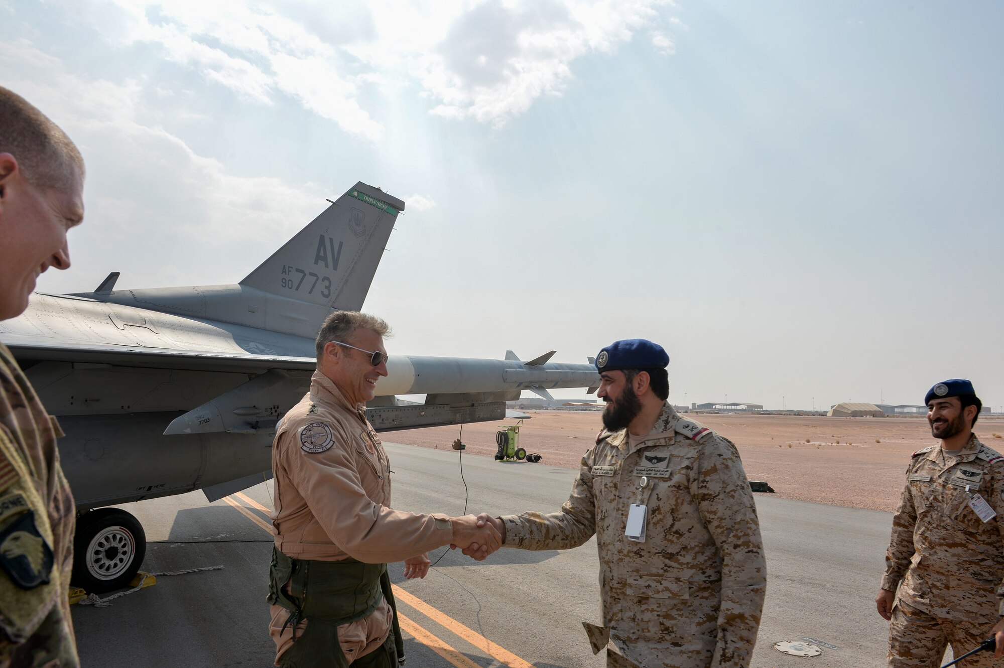 U.S. Air Force Lt. Gen. Joesph Guastella, left, U.S. Air Forces Central Command commander, greets Saudi Arabian Major General Khaled Al-Shablan, right, at Prince Sultan Air Base, Kingdom of Saudi Arabia, Nov. 11, 2019.