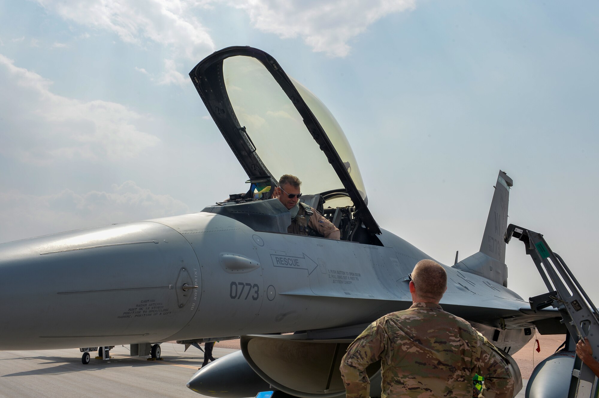 U.S. Air Force Lt. Gen. Joesph Guastella, U.S. Air Forces Central Command commander, departs an F-16 Fighting Falcon assigned to the 555th Fighter Squadron at Prince Sultan Air Base, Kingdom of Saudi Arabia, Nov. 11, 2019.