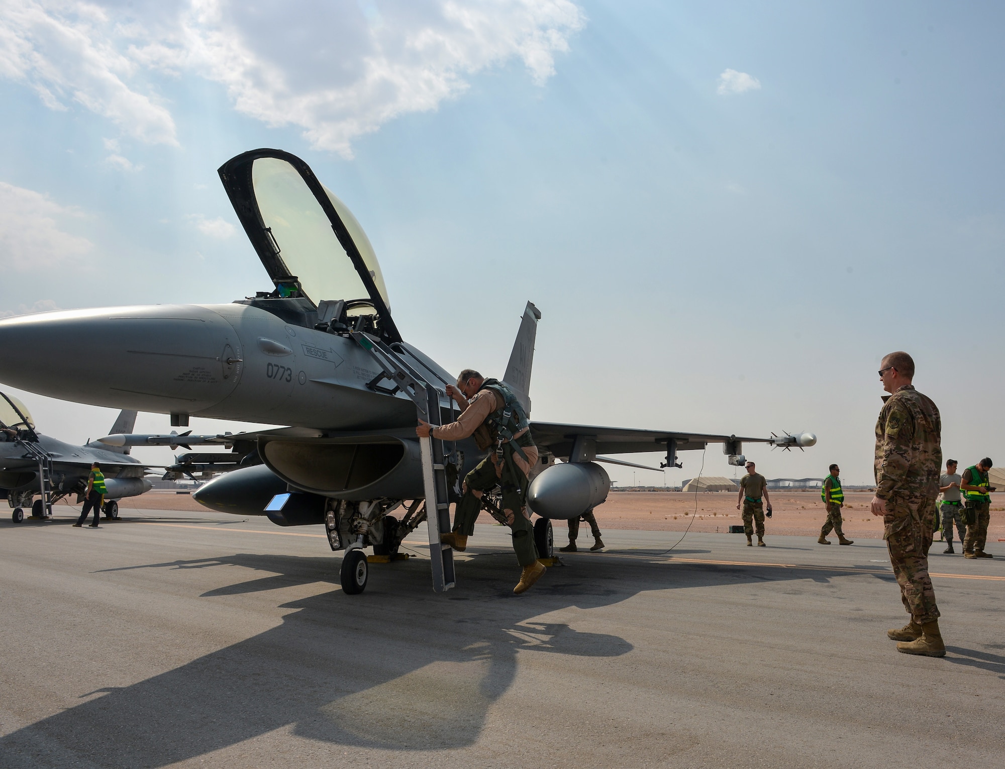U.S. Air Force Lt. Gen. Joesph Guastella, U.S. Air Forces Central Command commander, departs departs an F-16 Fighting Falcon assigned to the 555th Fighter Squadron at Prince Sultan Air Base, Kingdom of Saudi Arabia, Nov. 11, 2019.