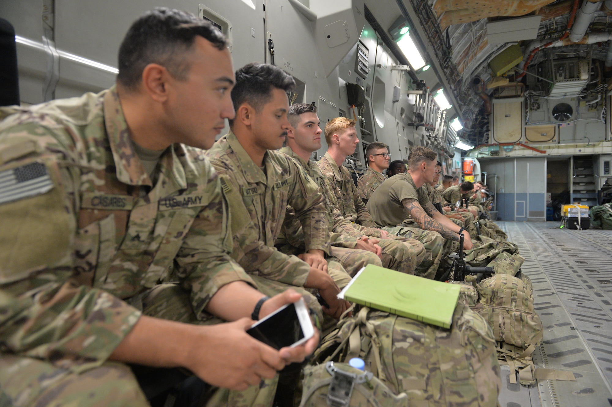 U.S. Army Soldiers with the 4th Infantry Division, board a C-17 Globemaster III at Prince Sultan Air Base (PSAB), Kingdom of Saudi Arabia (KSA), October 23, 2109.