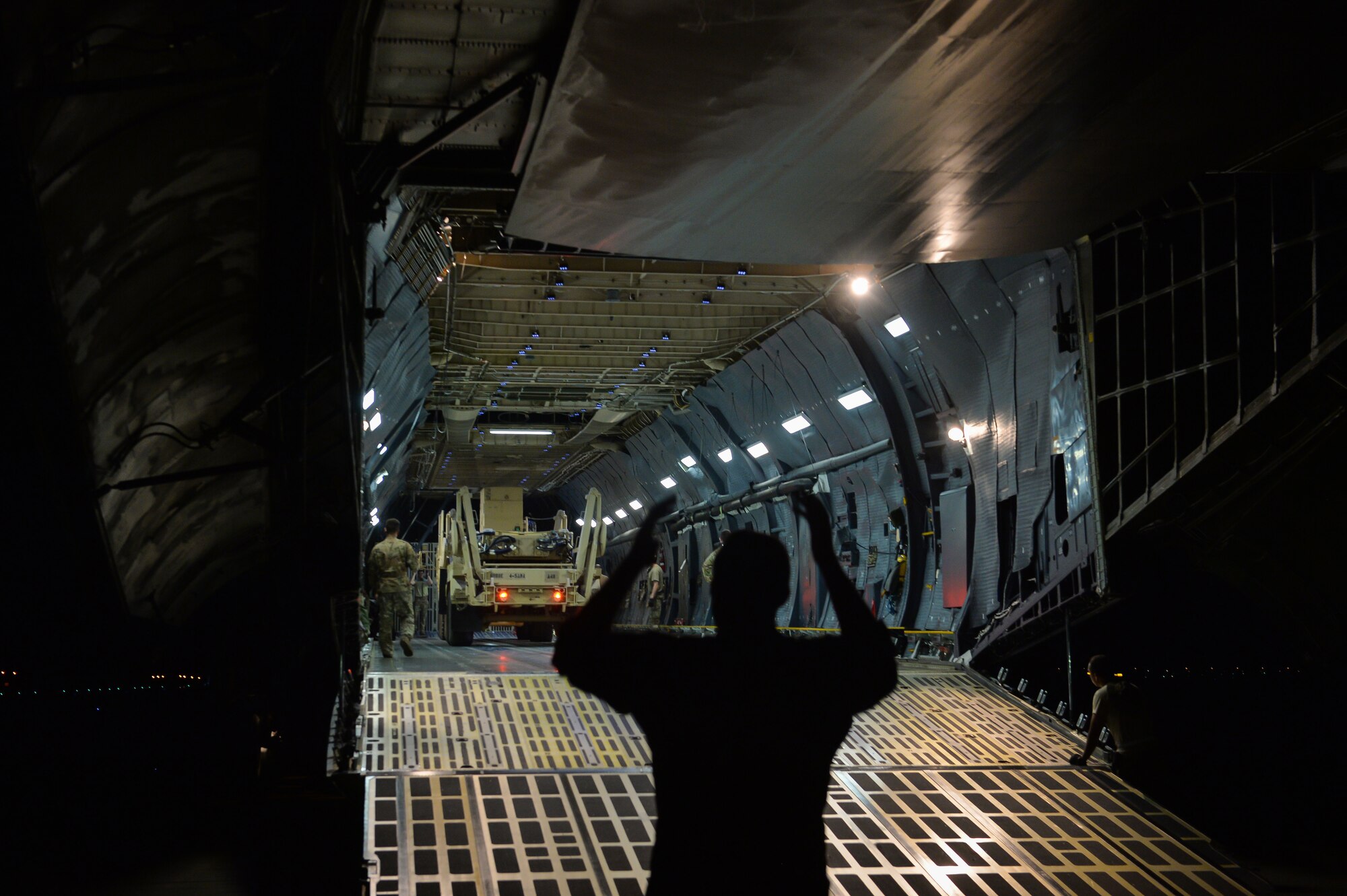 U.S. Army Soldiers with the 4-5  Air Defense Artillery Battalion, unload a patriot launching   station from a C-5 Galaxy at Prince Sultan Air Base (PSAB), Kingdom of Saudi Arabia (KSA), October 23, 2109.