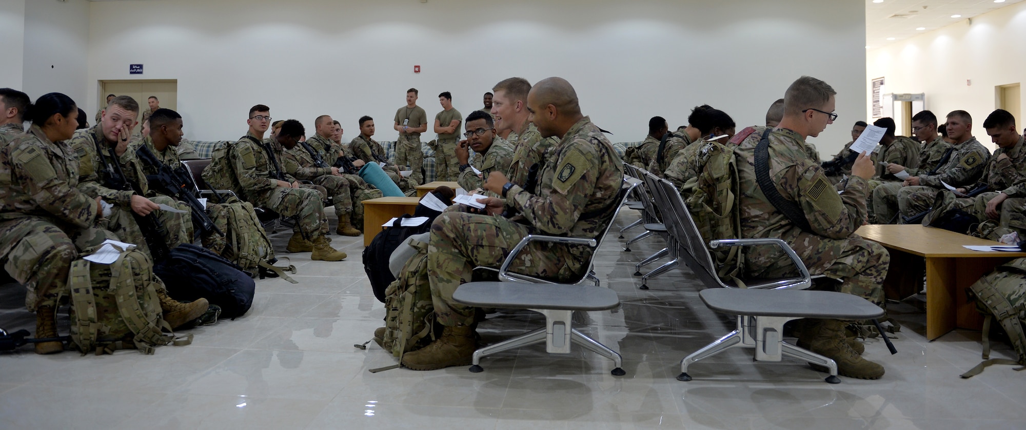 U.S. Army Soldiers with 4-5 Air Defense Artillery Battalion, Ft. Hood, Texas, receive a new-comers brief at Prince Sultan Air Base (PSAB), Kingdom of Saudi Arabia (KSA), October 21, 2019.