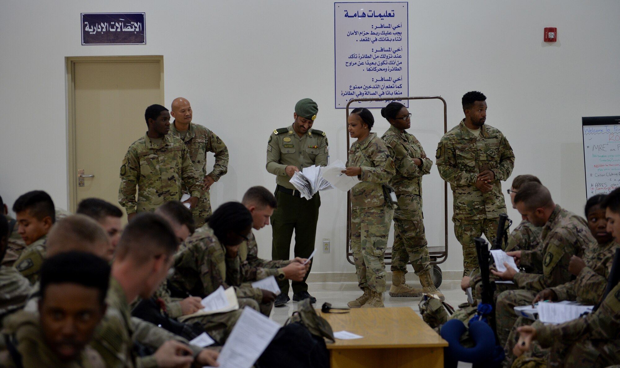 U.S. Army Soldiers with 4-5 Air Defense Artillery Battalion, Ft. Hood, Texas, receive a new-comers brief at Prince Sultan Air Base (PSAB), Kingdom of Saudi Arabia (KSA), October 21, 2019.
