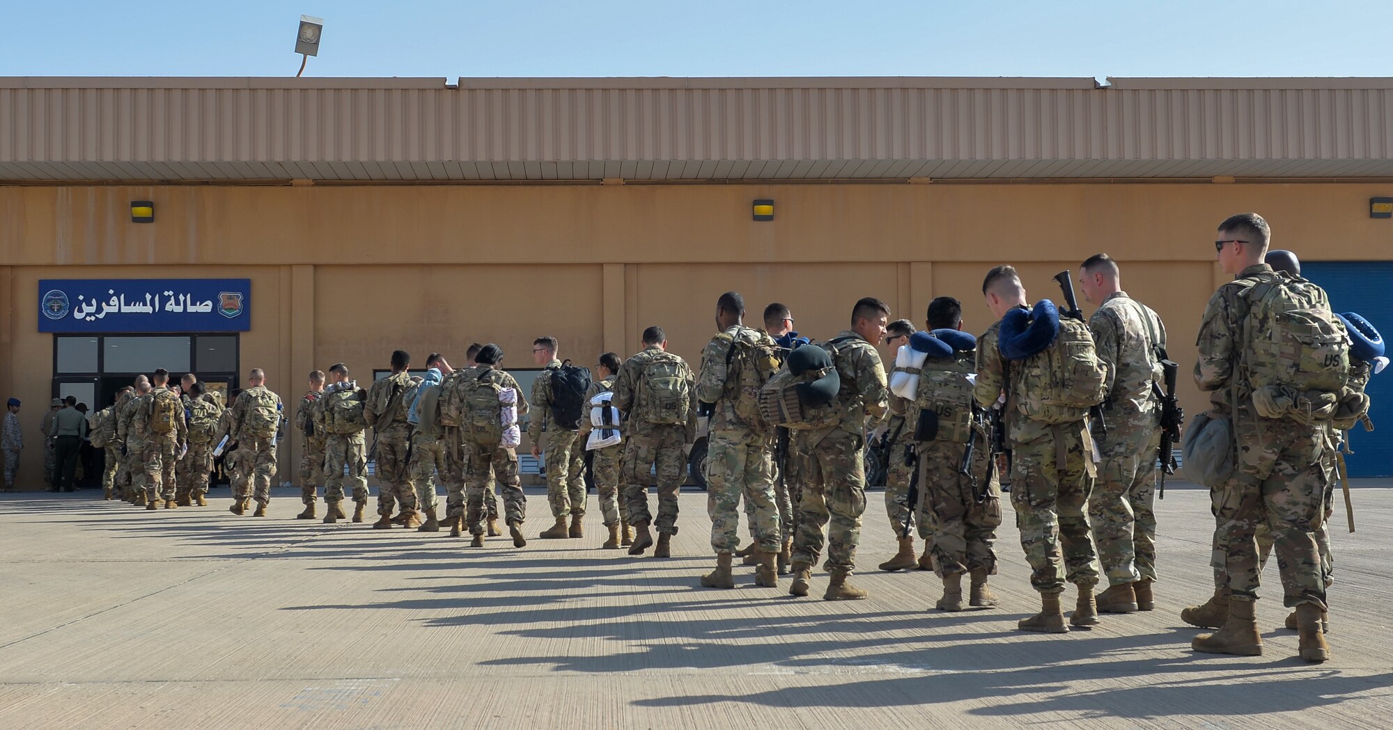 U.S. Army Soldiers with 4-5 Air Defense Artillery Battalion, Ft. Hood, Texas, arrive at Prince Sultan Air Base (PSAB), Kingdom of Saudi Arabia KSA), October 21, 2019.