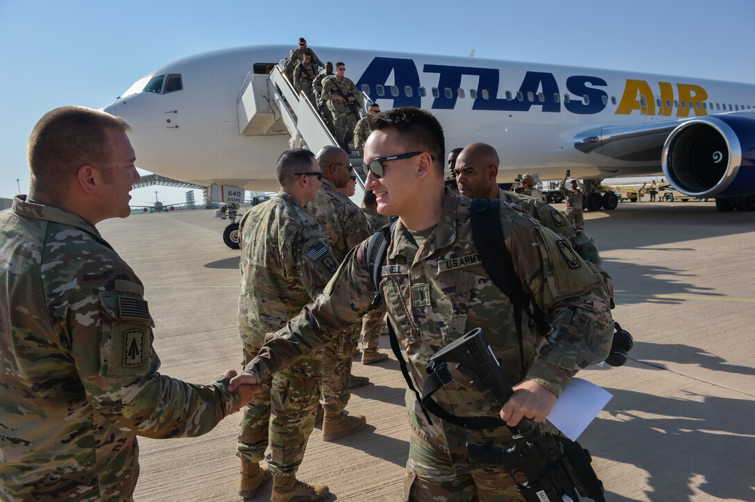 U.S. Army Soldiers with 4-5 Air Defense Artillery Battalion, Ft. Hood, Texas, arrive at Prince Sultan Air Base (PSAB), Kingdom of Saudi Arabia (KSA), October 21, 2019.