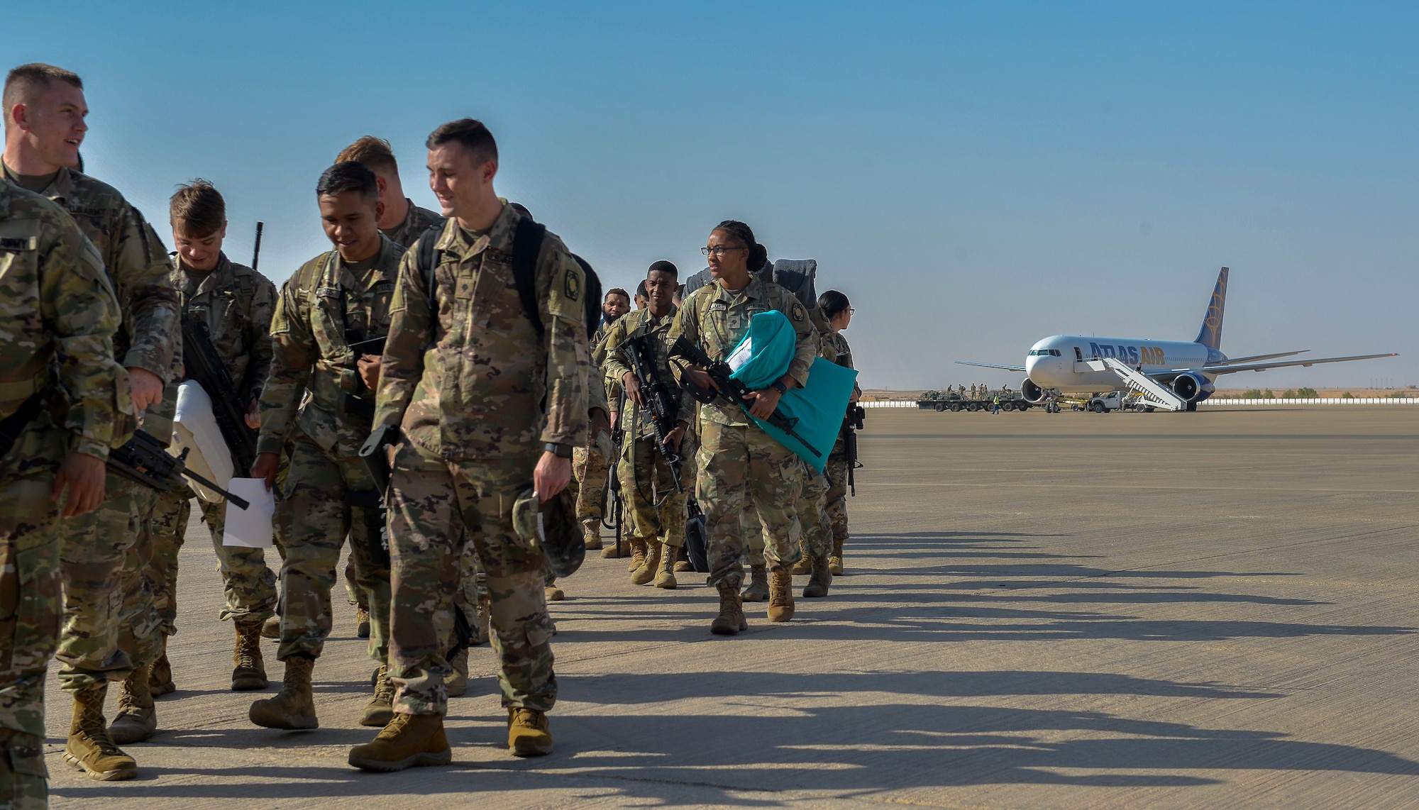 U.S. Army Soldiers with 4-5 Air Defense Artillery Battalion, Ft. Hood, Texas, arrive at Prince Sultan Air Base (PSAB), Kingdom of Saudi Arabia (KSA), October 21, 2019.
