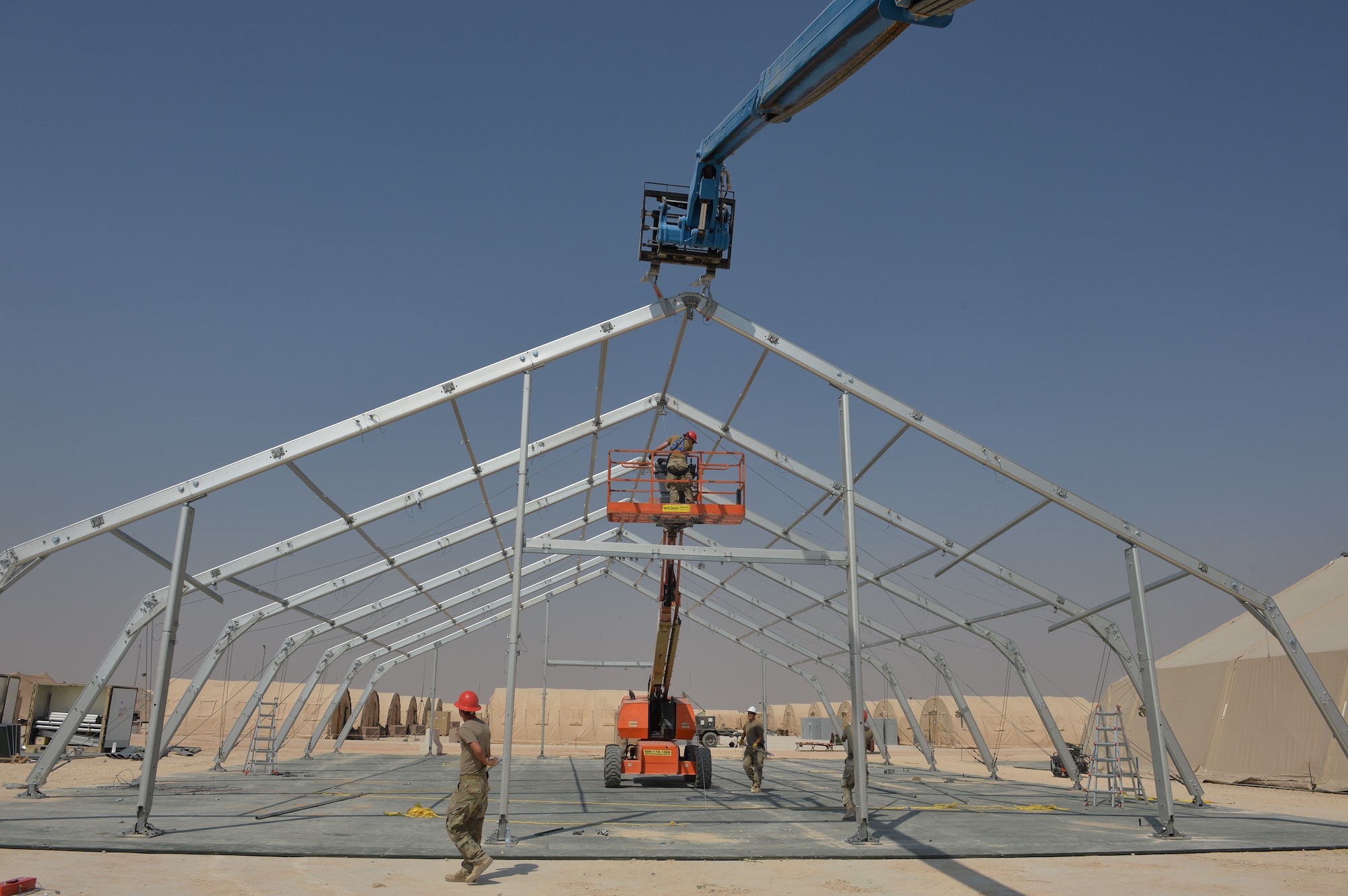 U.S. Air Force Airmen with the 378th Expeditionary Civil Engineering Squadron, build a 6, 500 square foot structural dome October 18, 2019, at Prince Sultan Air Base (PSAB), Kingdom of Saudi Arabia (KSA).