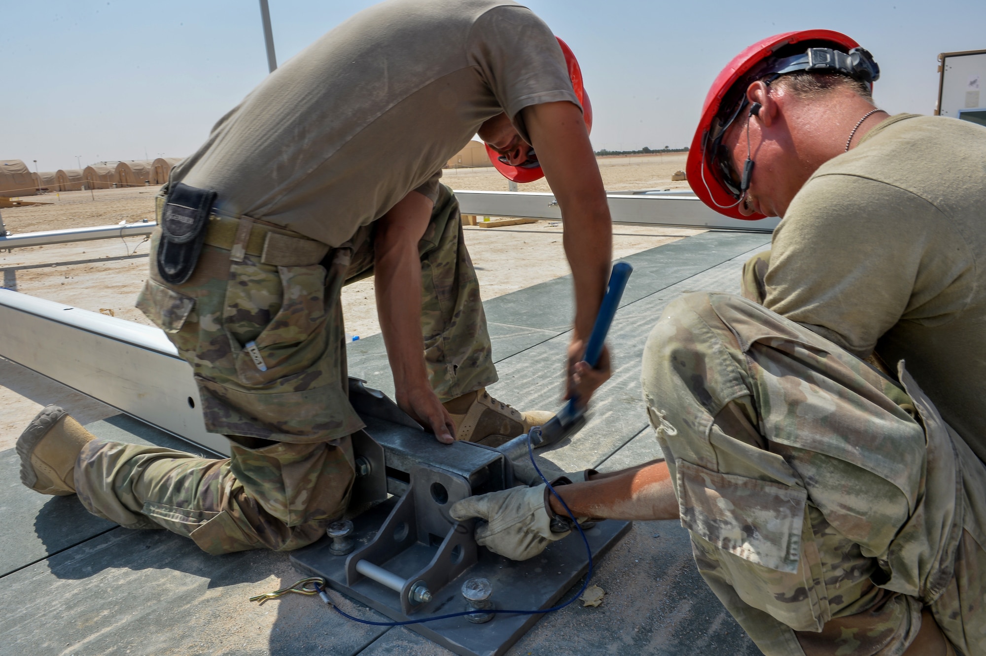 U.S. Air Force Airmen with the 378th Expeditionary Civil Engineering Squadron, build a 6,500 square foot structural dome October 18, 2019, at Prince Sultan Air Base (PSAB), Kingdom of Saudi Arabia (KSA).