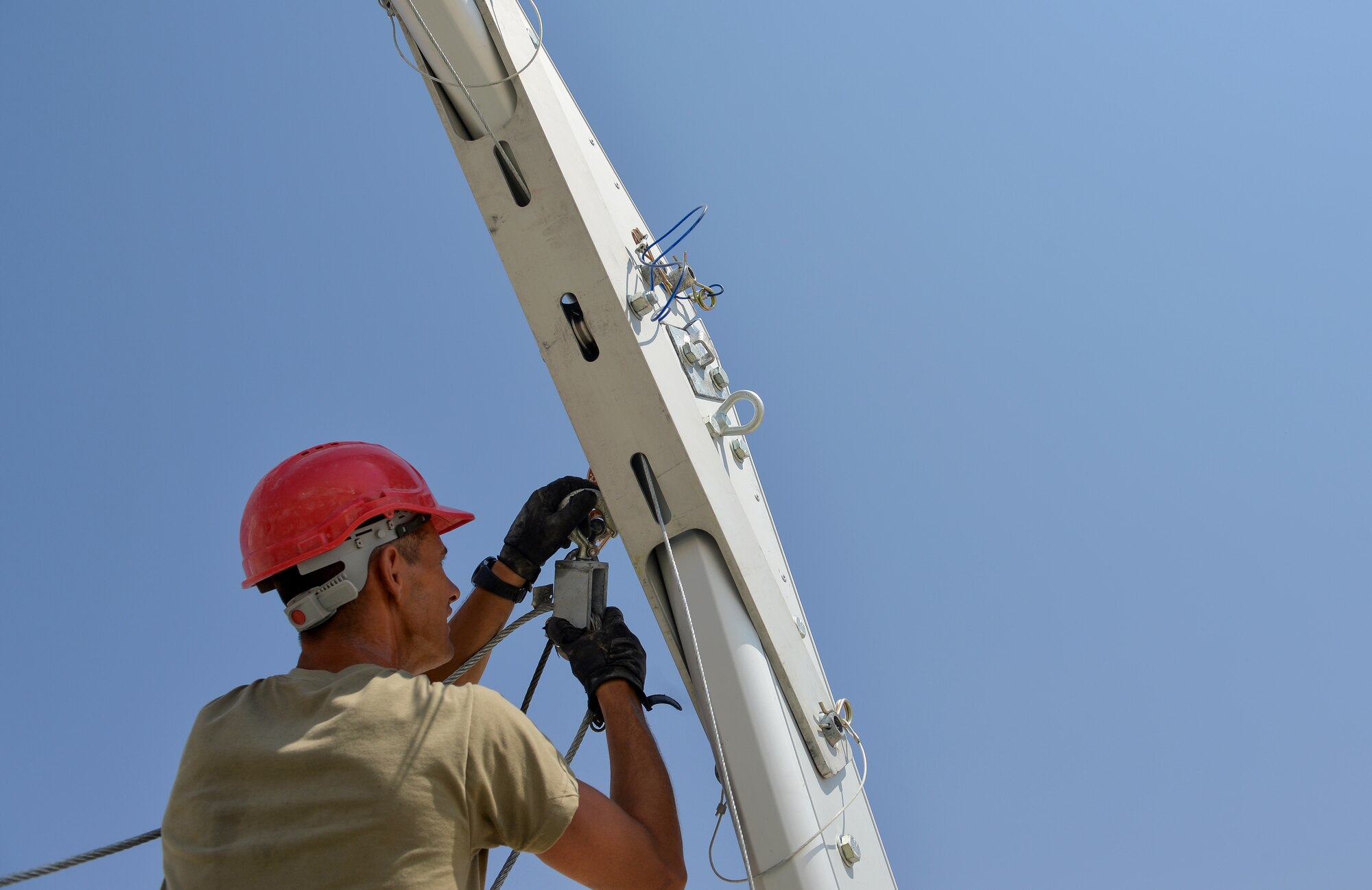 U.S. Air Force Tech. Sgt. Lance Haul with the 378th Expeditionary Civil Engineering Squadron, builds a 6,500 square foot structural dome October 18, 2019, at Prince Sultan Air Base (PSAB), Kingdom of Saudi Arabia (KSA).
