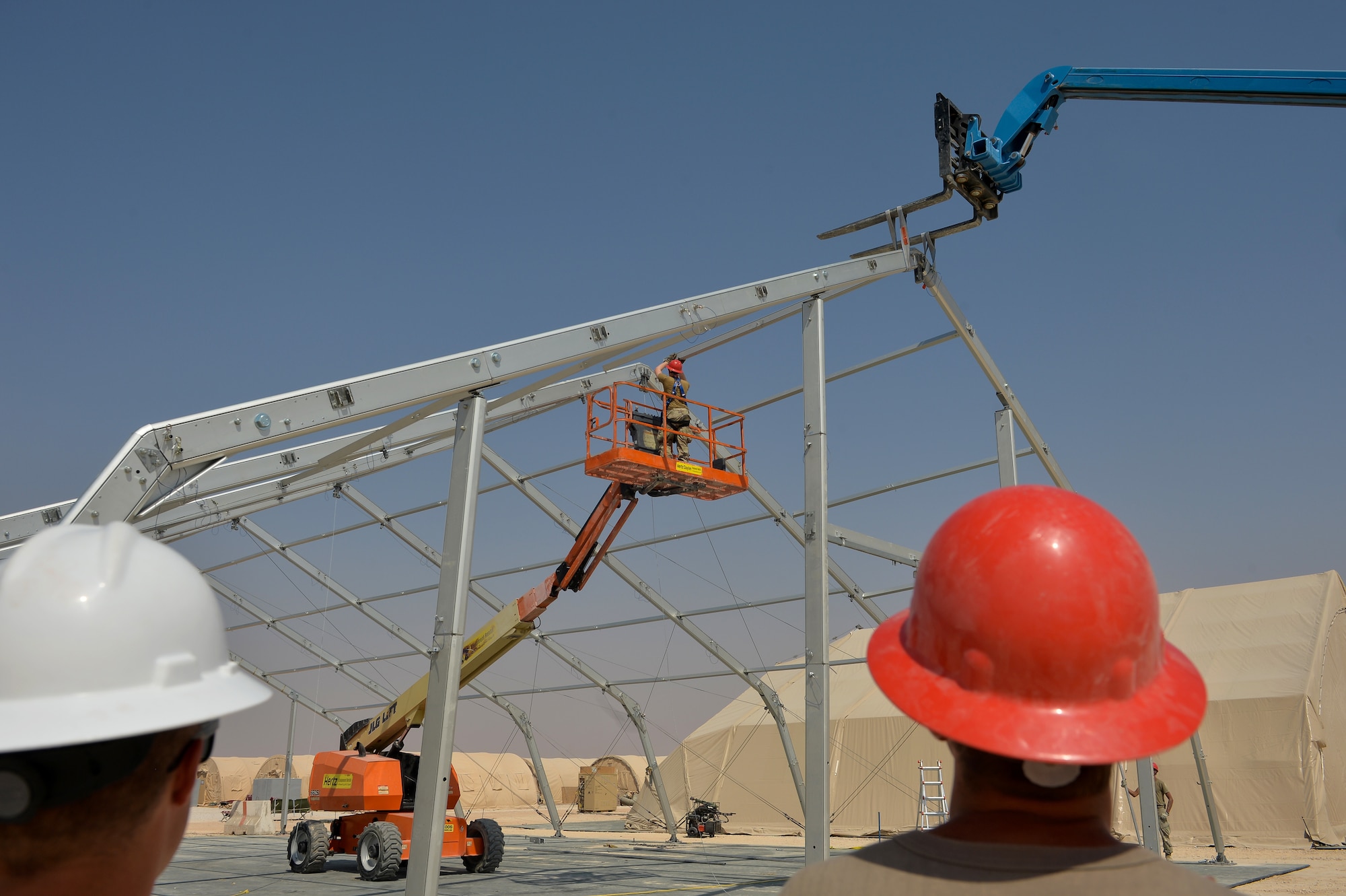 U.S. Air Force Airmen with the 378th Expeditionary Civil Engineering Squadron, build a 6, 500 square foot structural dome October 18, 2019, at Prince Sultan Air Base (PSAB), Kingdom of Saudi Arabia (KSA).