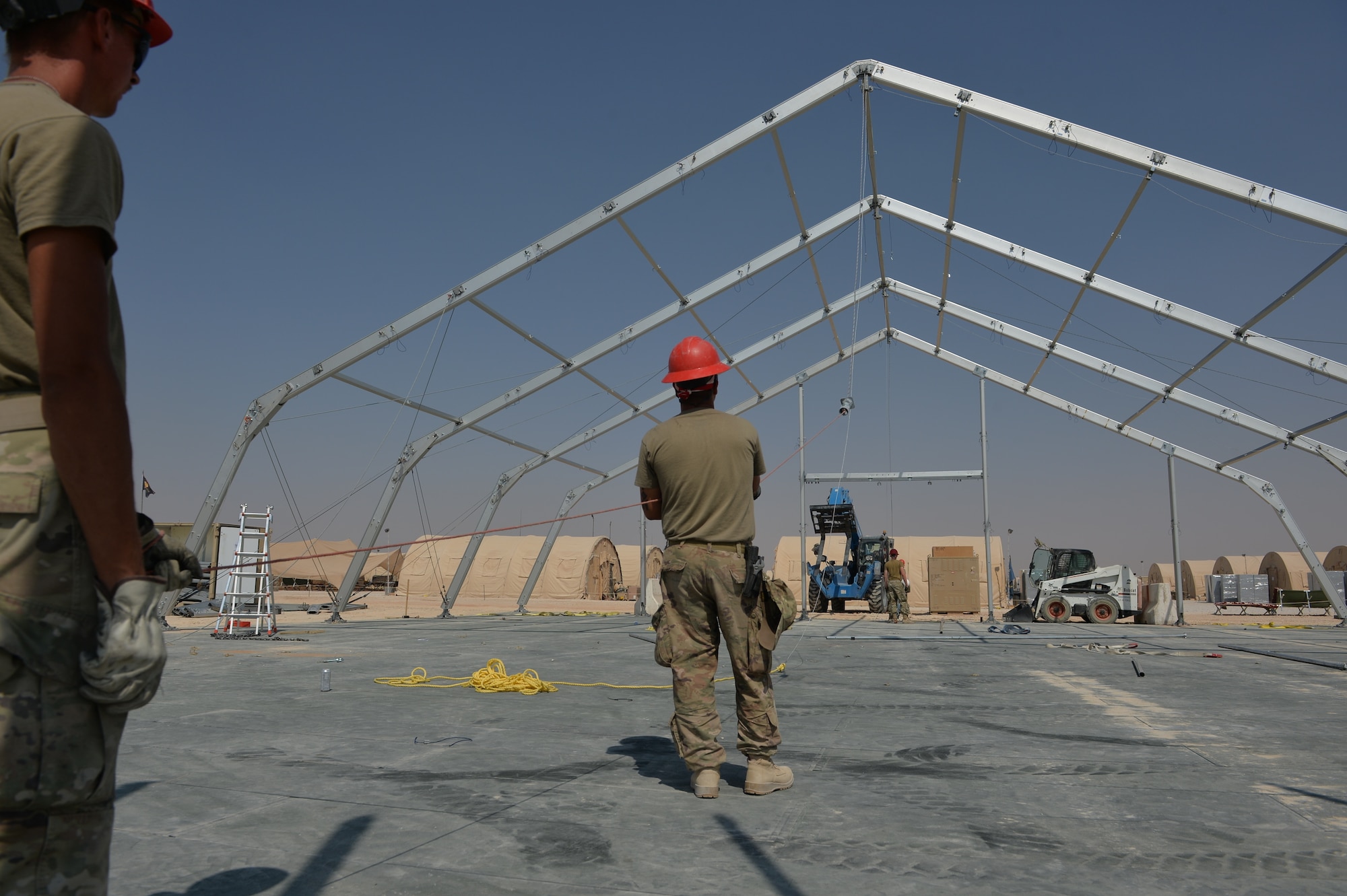U.S. Air Force Airmen with the 378th Expeditionary Civil Engineering Squadron, build a 6,500 square foot structural dome October 18, 2019, at Prince Sultan Air Base (PSAB), Kingdom of Saudi Arabia (KSA).