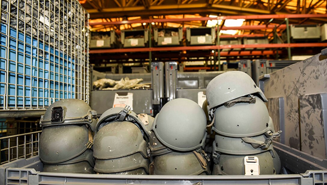 Helmets lie stacked in a pile at the base supply warehouse Nov. 18, 2019, at Incirlik Air Base, Turkey. Airmen involved in operations, both for installation defense and combat-related missions, rely on logistics to ensure they have ample supplies to perform their duties. (U.S. Air Force photo by Staff Sgt. Joshua Magbanua)