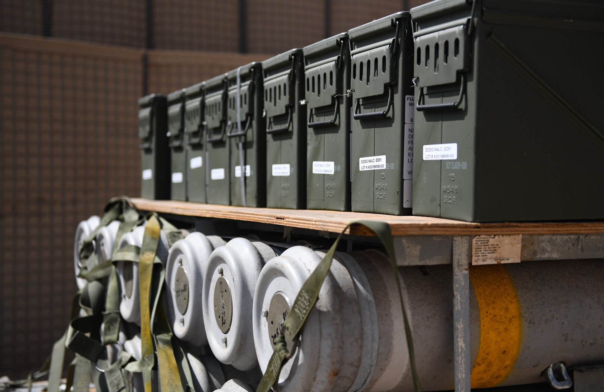 Munitions are ready to be assembled at Chabelley Airfield, Djibouti, Nov. 12, 2019. The 726th Expeditionary Air Base Squadron Munitions Systems Airmen build, inspect and store all munitions at the airfield, ensuring mission effectiveness at a moment’s notice. (U.S. Air Force photo by Staff Sgt. Alex Fox Echols III)