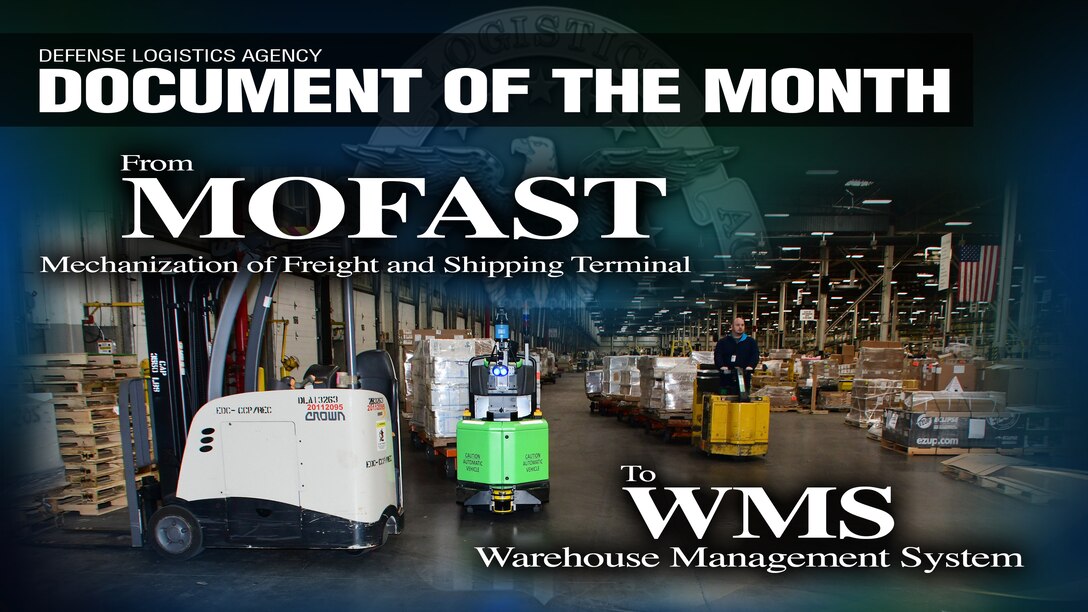 The text "DLA Document of the Month: From MOFAST to WMS" is on the background of a busy warehouse.