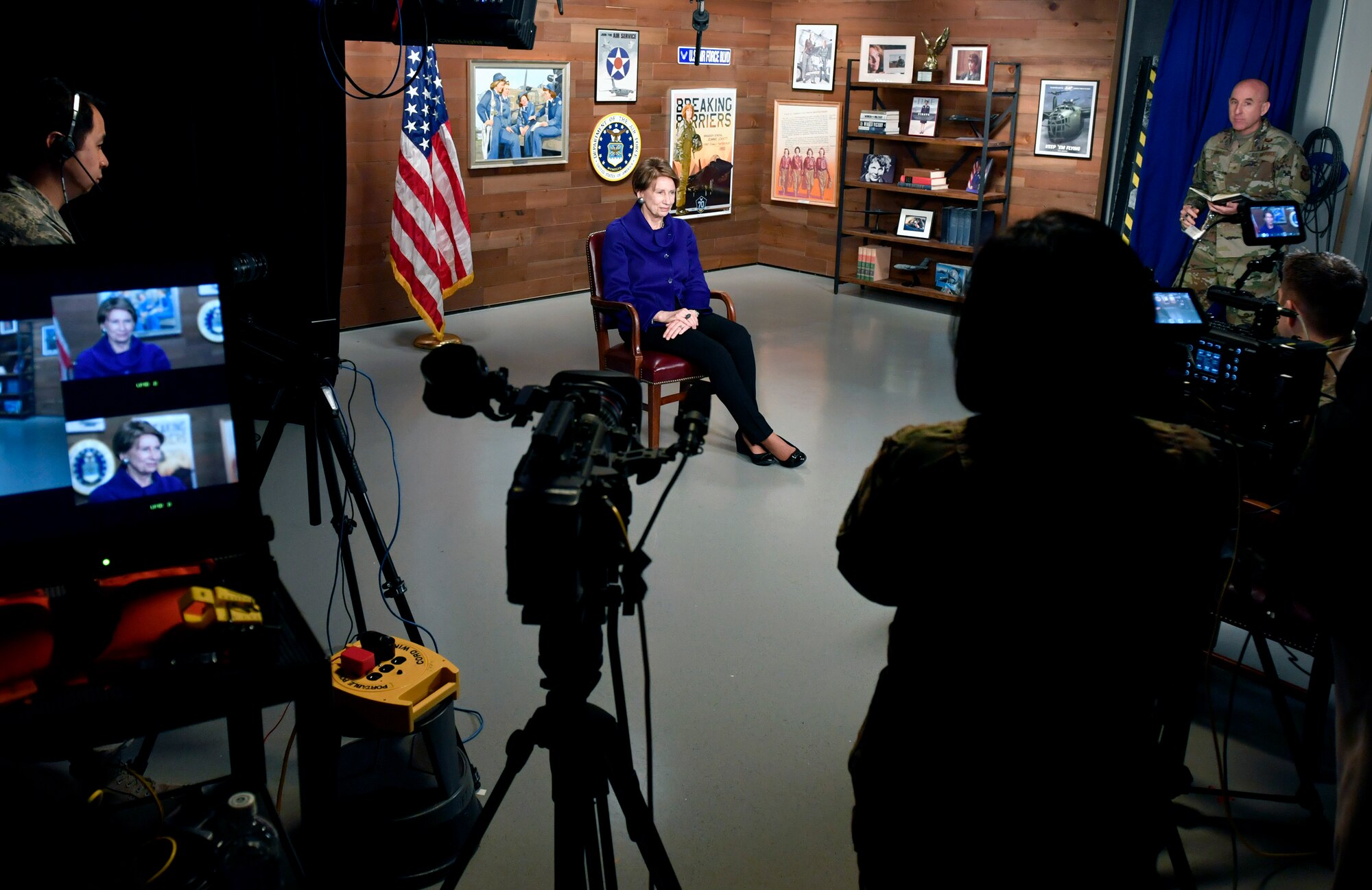 Secretary of the Air Force Barbara Barrett conducts her first Air Force TV interview to Airmen at the Pentagon, Arlington, Va., Oct. 24, 2019. (U.S. Air Force photo by Wayne Clark)