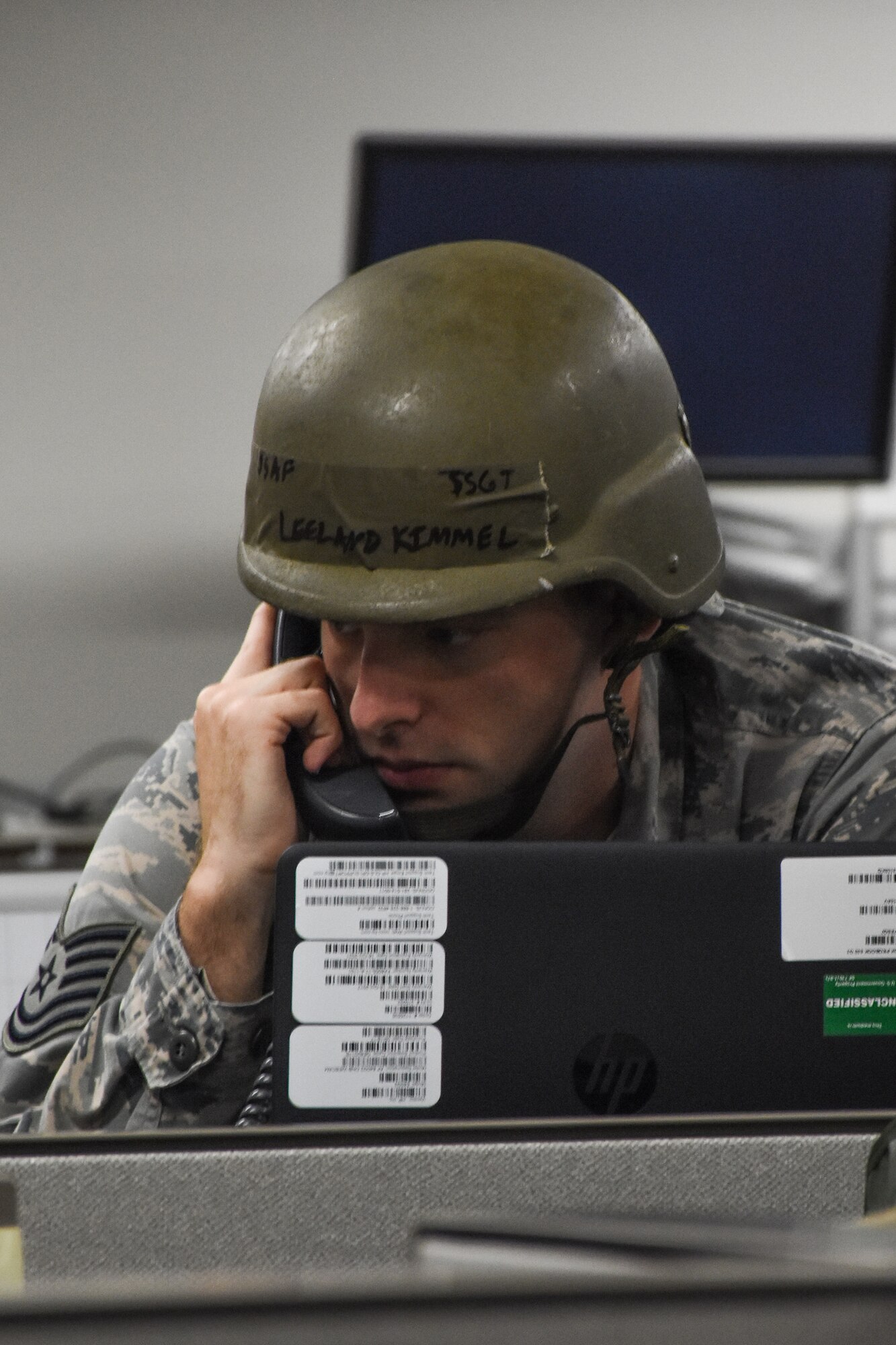 Tech. Sgt. Leeland Kimmel, a client systems technician with the 442d Communications Flight, recieves a simulated emergency call during Ozark Thunder 20-01 at Whiteman Air Force Base, Mo., Nov. 3, 2019. Ozark Thunder 20-01 is a 3-day wing-level readiness exercise that aims to test the wing’s ability to survive and operate and perform mission essential tasks during contingency operations.