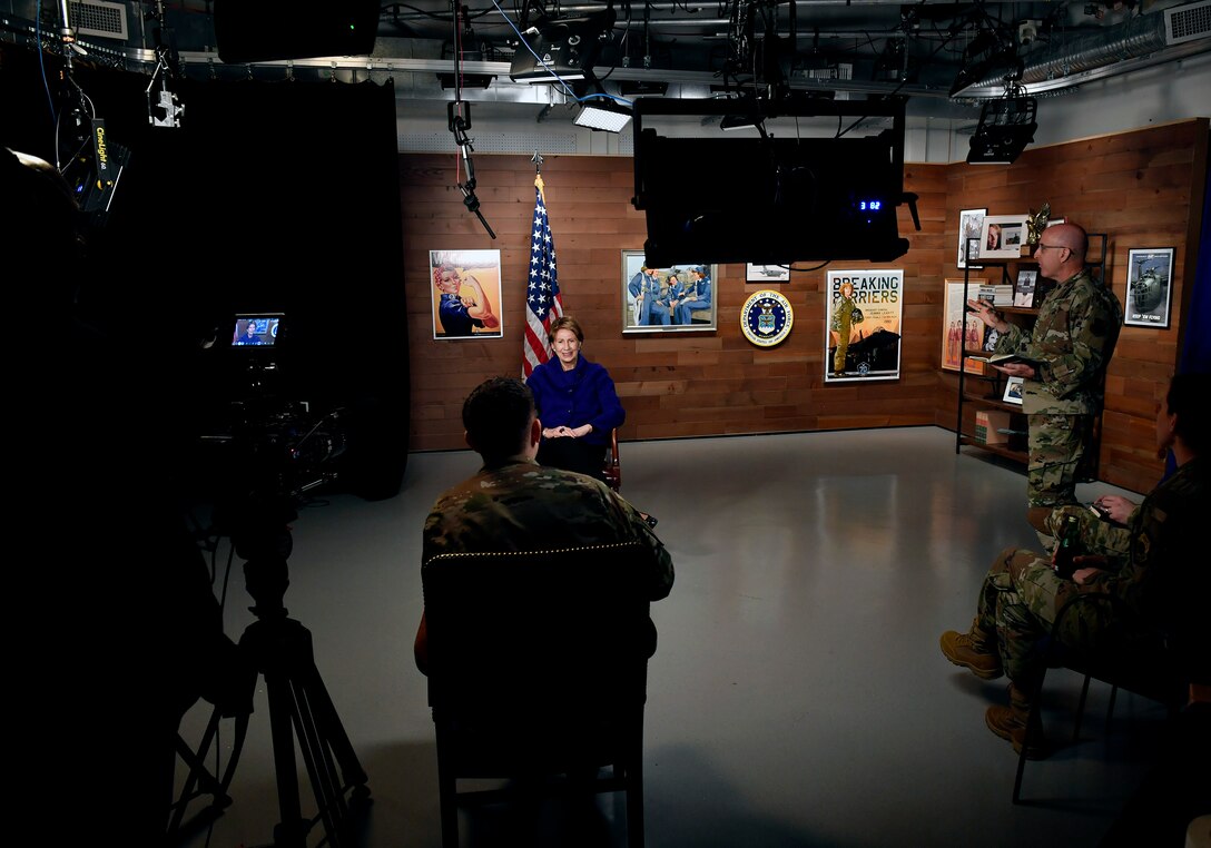 Secretary of the Air Force Barbara Barrett conducts her first Air Force TV interview to Airmen at the Pentagon, Arlington, Va., Oct. 24, 2019. (U.S. Air Force photo by Wayne Clark)