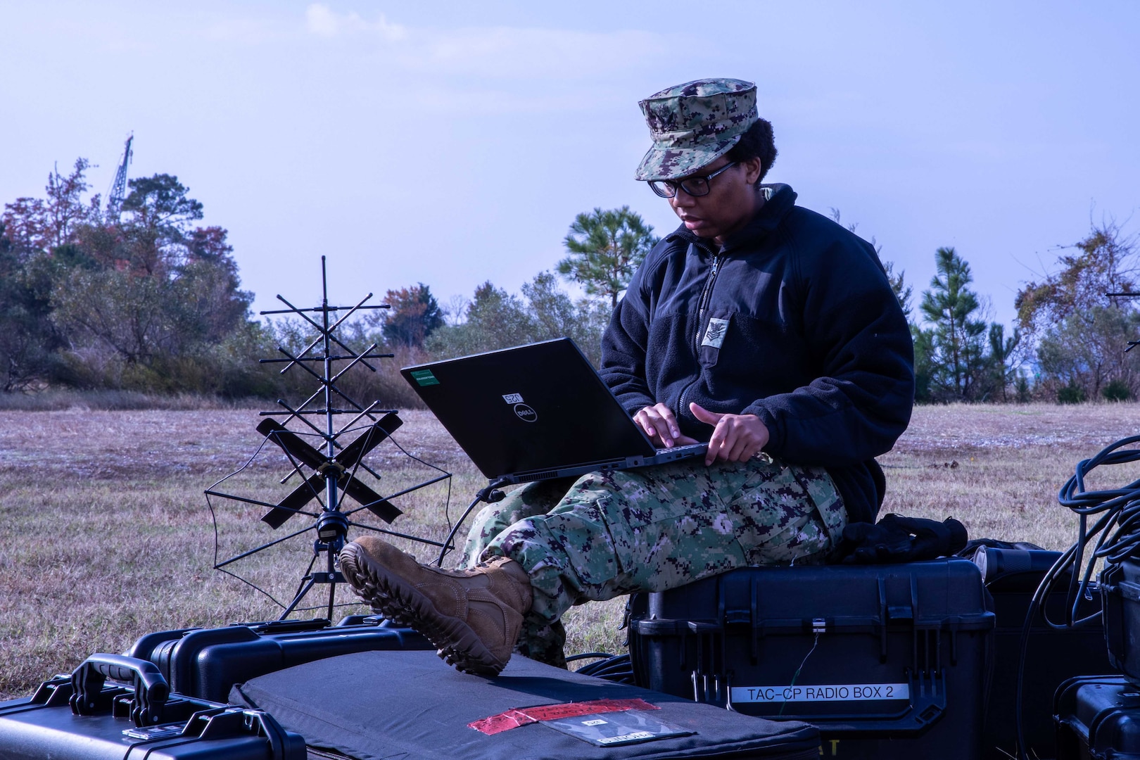 U.S. Navy Information Systems Technician First Class Angelica Mathis from Joint Task Force Civil Support's (JTF-CS) Early-Entry Command Post (EECP) acquires satellite connection during a communications exercise (COMMEX) at Joint Base Langley-Eustis. The COMMEX allowed JTF-CS to test the EECP's ability to quickly deploy and utilize the command's equipment and collaborative tools in response to a catastrophic event. (Official DoD photo by Mass Communication Specialist 3rd Class Michael Redd/RELEASED)