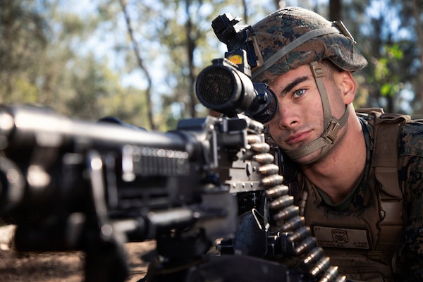 Marine keeps watch during Talisman Sabre exercise, Shoalwater Bay Training Area, July 16, 2019 (Australian Defence Force/Jake Sims)