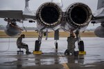 Airmen from the 142nd Aircraft Maintenance Squadron, Portland Air National Guard Base, Oregon, service an F-15 Eagle during Checkered Flag, Nov. 12, 2019, Tyndall Air Force Base, Florida. Checkered Flag is a multi-airframe, joint-service exercise that enables pilots to carry out complex air-to-air combat scenarios.