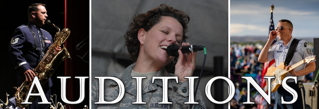 A three-part graphic depicting Academy Band musicians performing in three settings; from left to right: a baritone saxophone player performs a solo in front of a jazz band in blue tunic uniform; a vocalist closes her eyes as she sings in her green digital-patterned Airman Battle Uniform; an electric guitar player in blue short sleeved dress smiles on stage in front of the American flag.