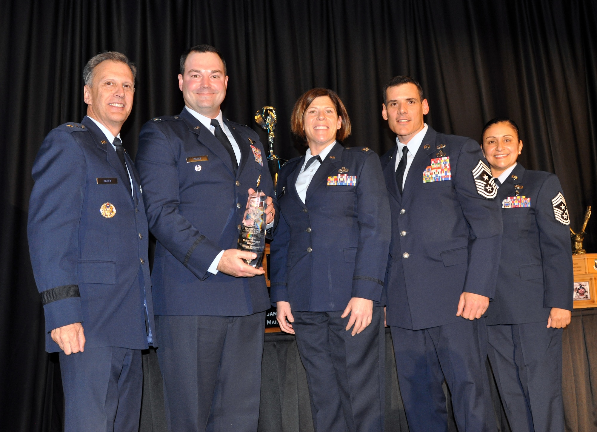 The 916th Maintenance Group is presented the Chief Master Sergeant James K. Clouse Trophy for Maintenance Excellence during the 20th Annual Raincross Awards dinner Nov. 19, 2019 at the Riverside Convention Center, Riverside, California. (U.S. Air Force photo by Candy Knight)