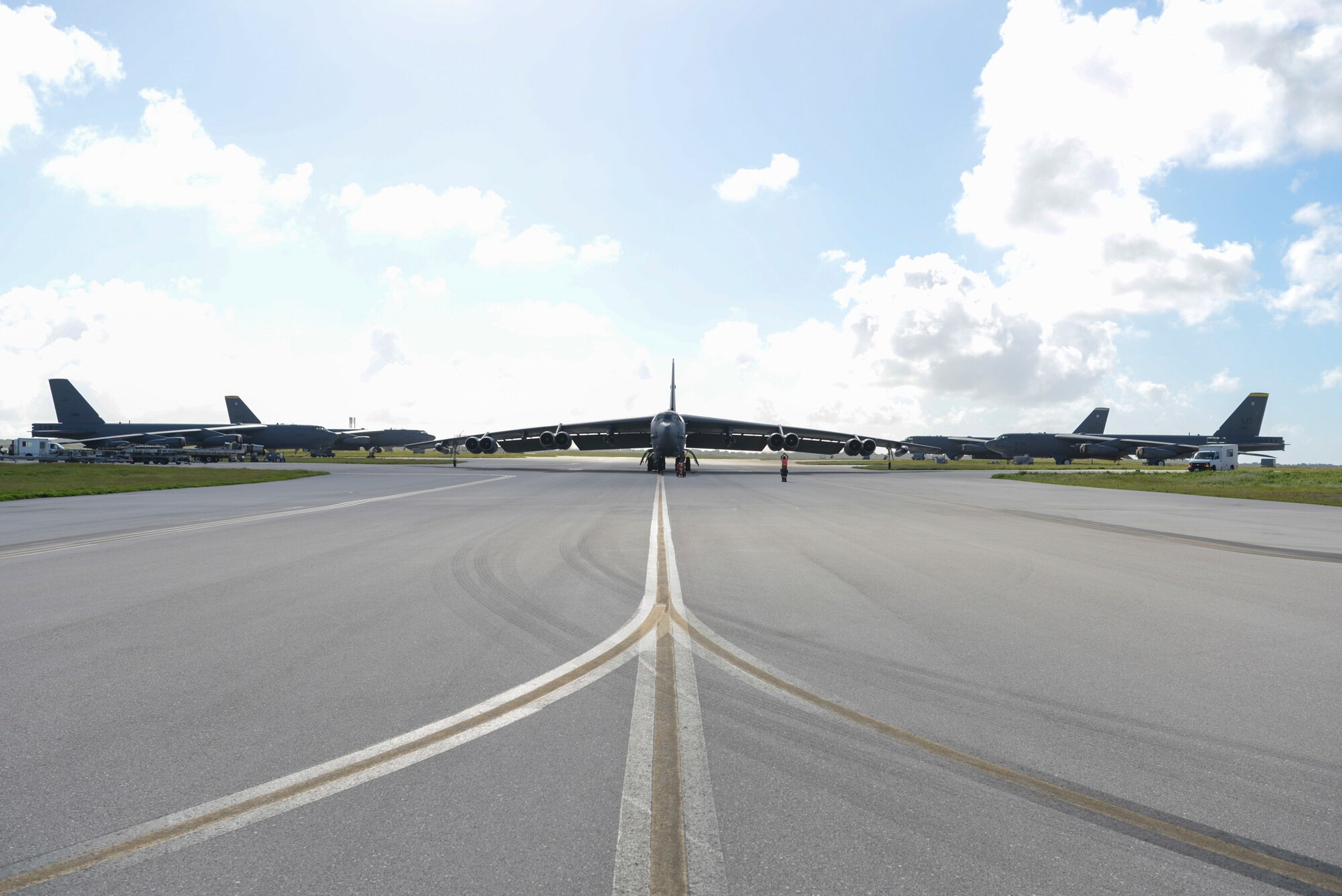 A B-52 Stratofortress with the 69th Expeditionary Bomb Squadron sits on the flightline at Andersen Air Force Base, Guam, Nov. 19, 2019.  B-52s have held a vital role in supporting the Continuous Bomber Presence mission in the Indo-Pacific region since 2004. (U.S. Air force photo by Staff Sgt. Zachary Bumpus)